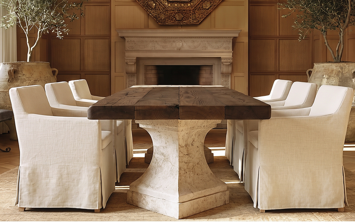 Agora Solid Oak & Carved Stone Long Dining Table