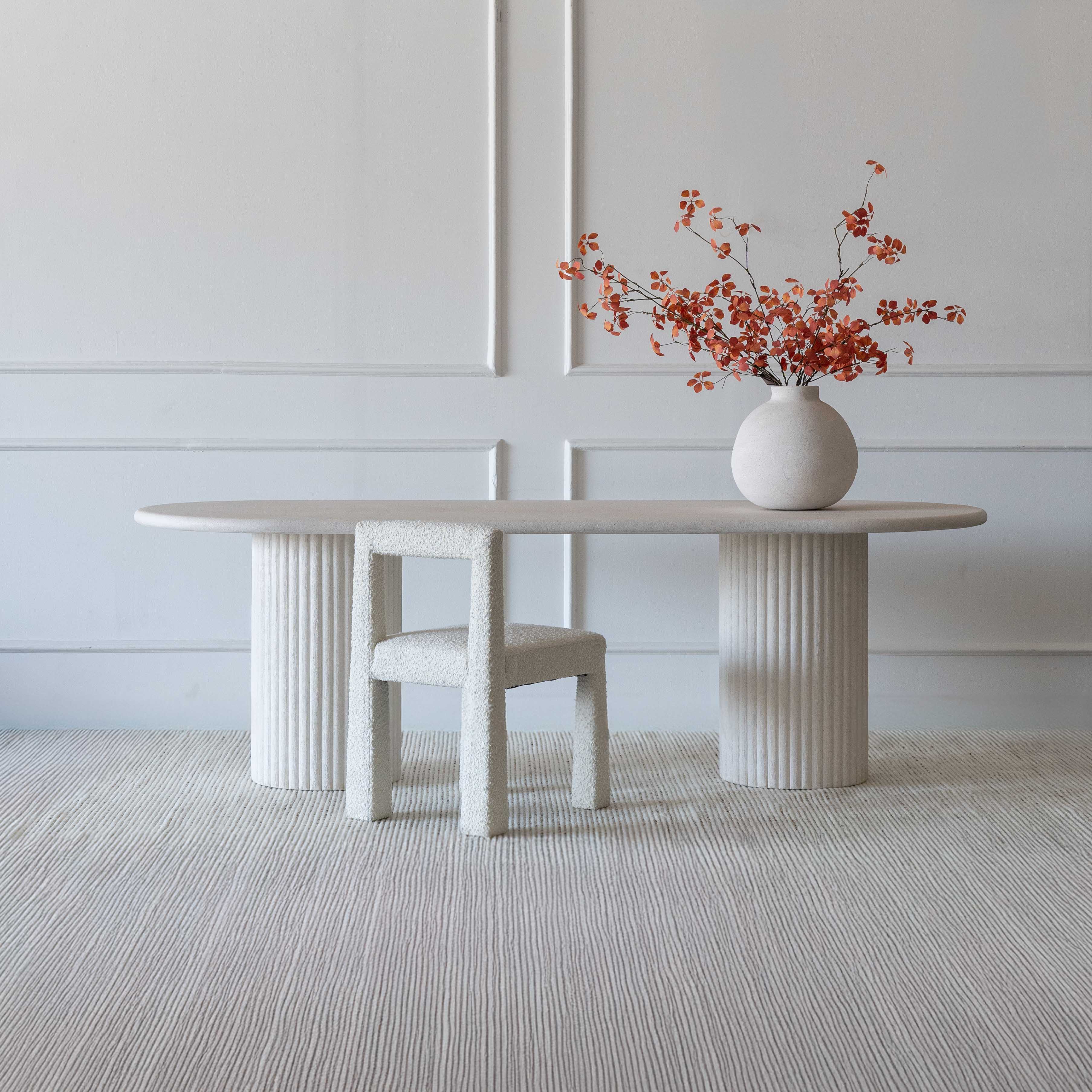 Modern Ivory Alaska Wood & Fluted Base Oval Dining Table - Dining Table - WS Living Furniture Furniture Store in Dubai