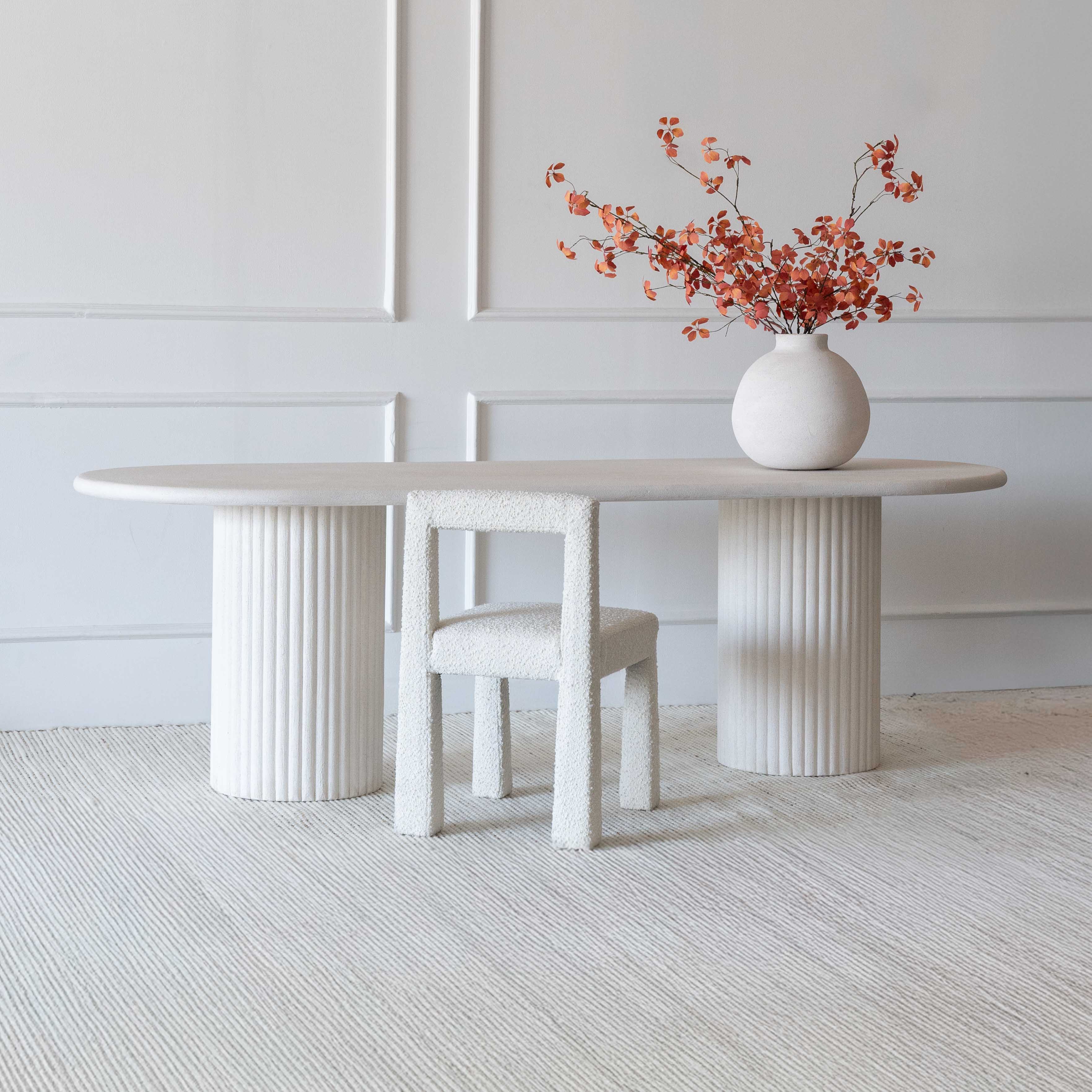 Modern Ivory Alaska Wood & Fluted Base Oval Dining Table - Dining Table - WS Living Furniture Furniture Store in Dubai