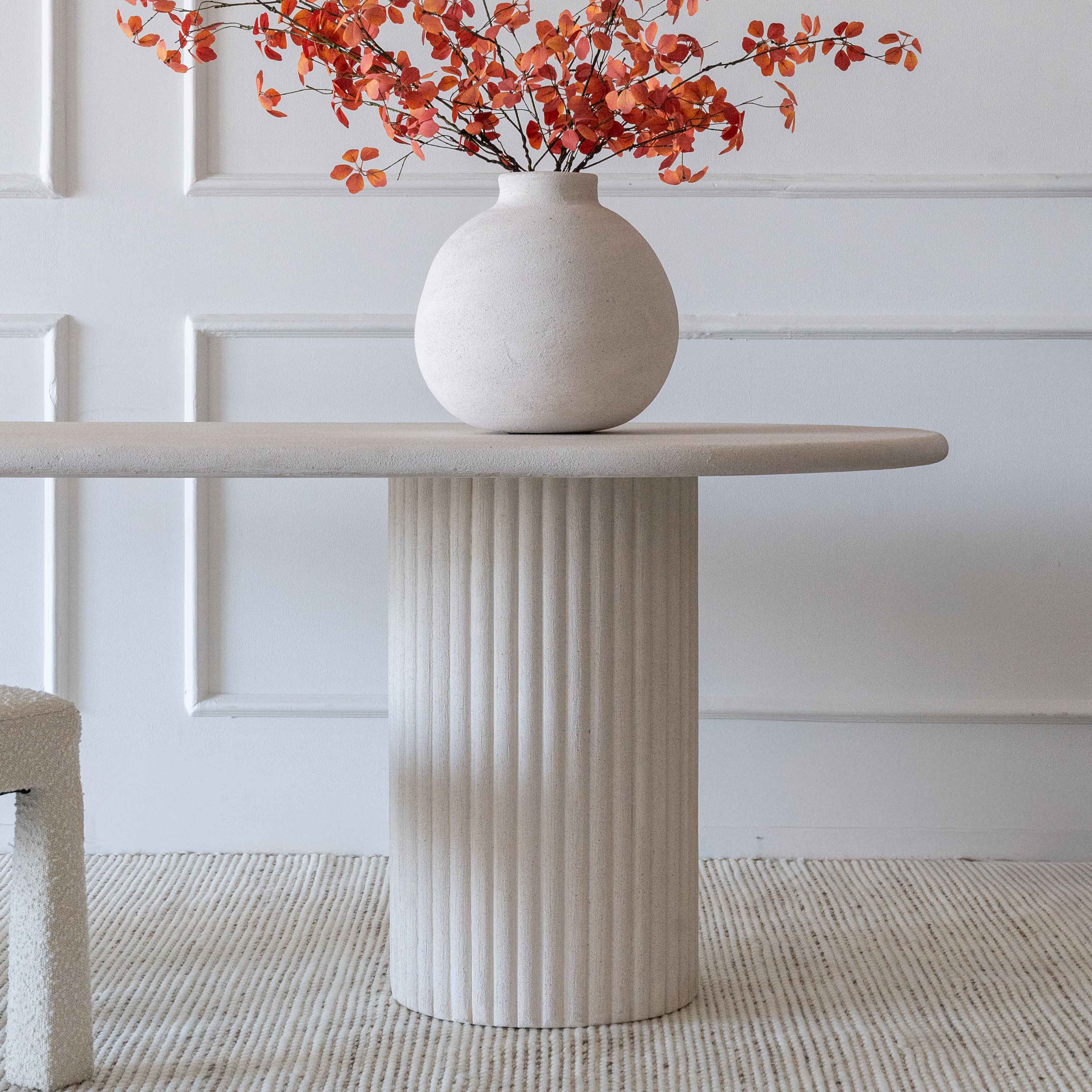 Modern Ivory Alaska Wood & Fluted Base Oval Dining Table - Dining Table - WS Living Furniture Furniture Store in Dubai