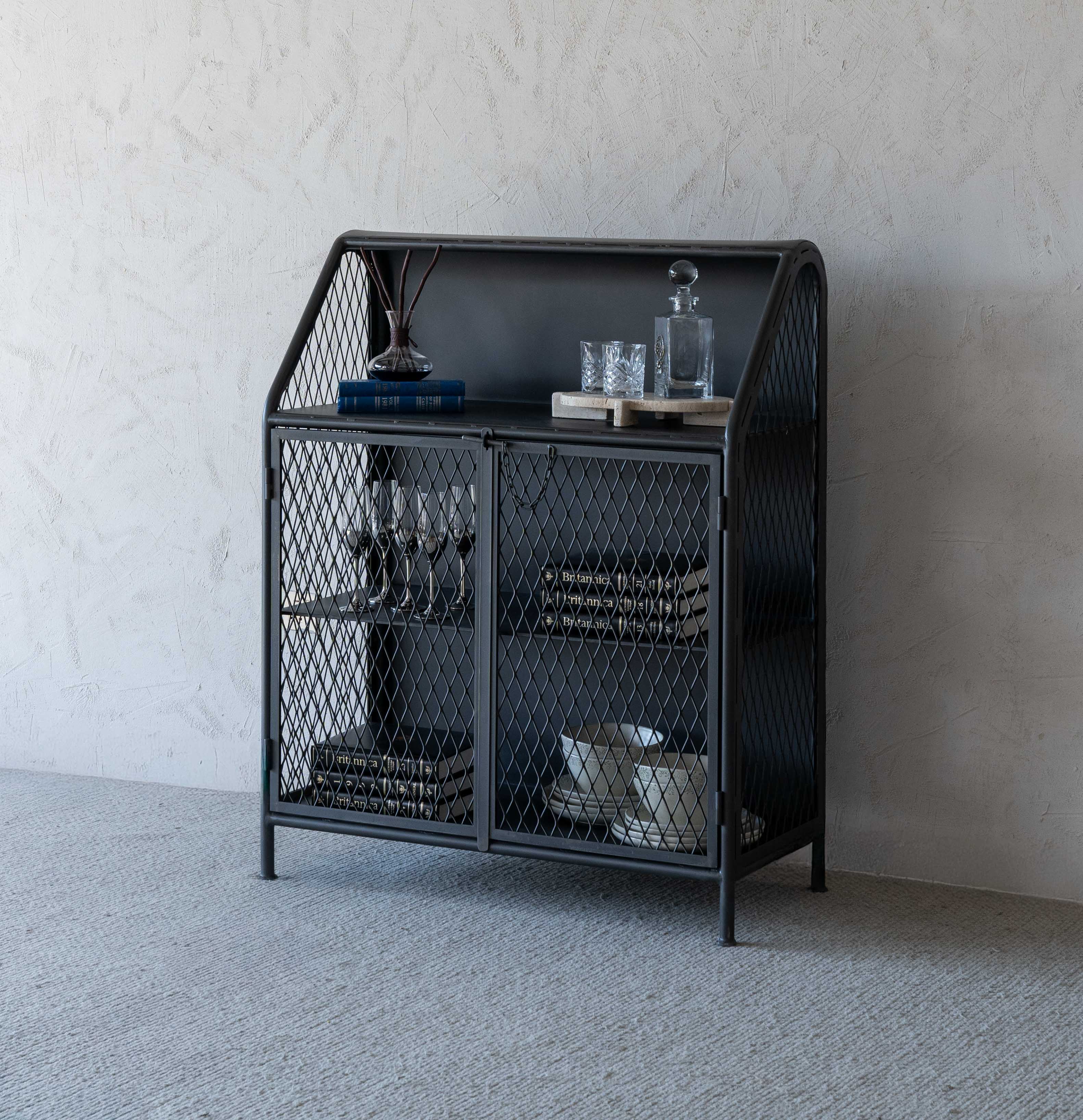 Arthur Grey Wash Industrial Bar Cabinet with Steel Mesh - Cabinets - WS Living Furniture Furniture Store in Dubai