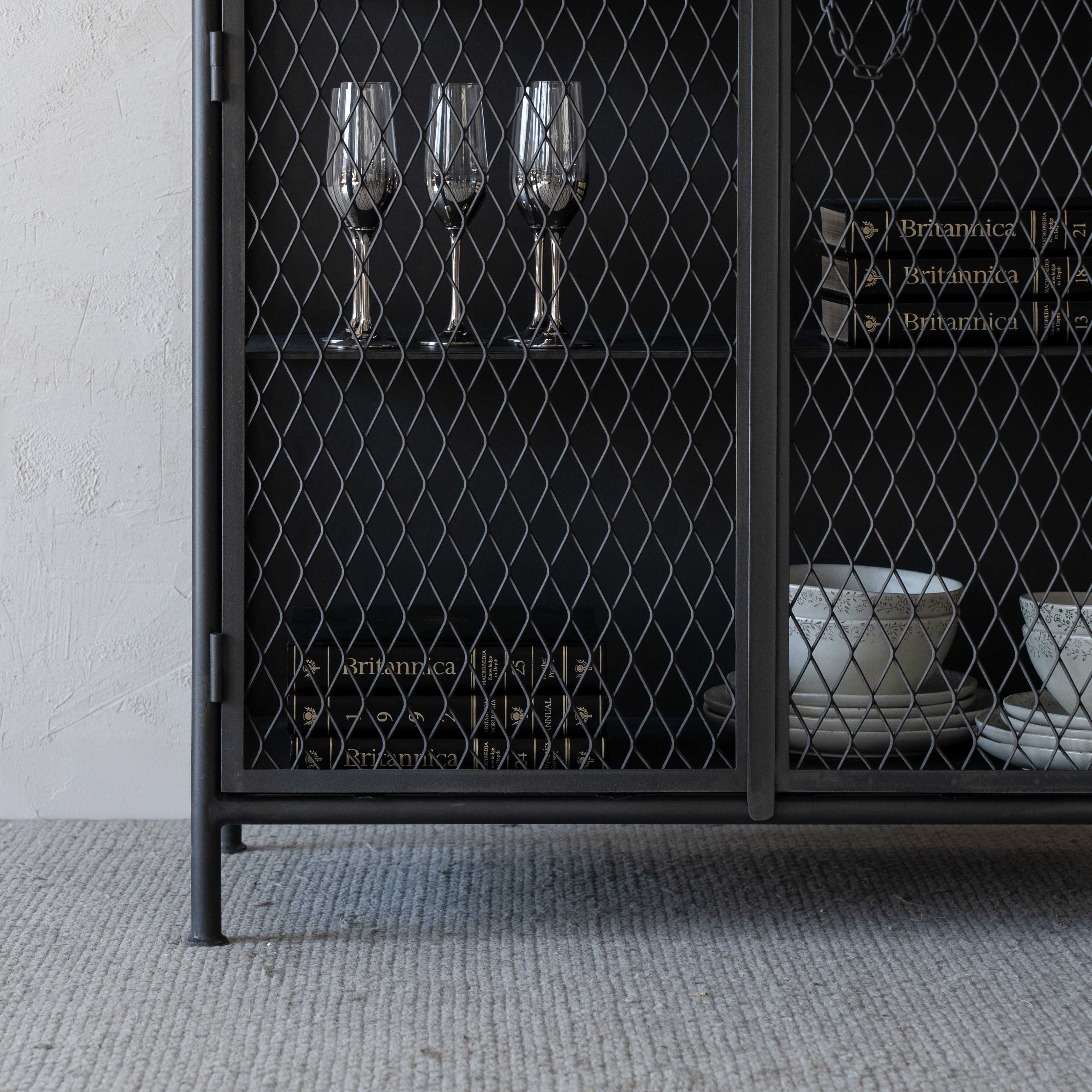 Arthur Grey Wash Industrial Bar Cabinet with Steel Mesh - Cabinets - WS Living Furniture Furniture Store in Dubai