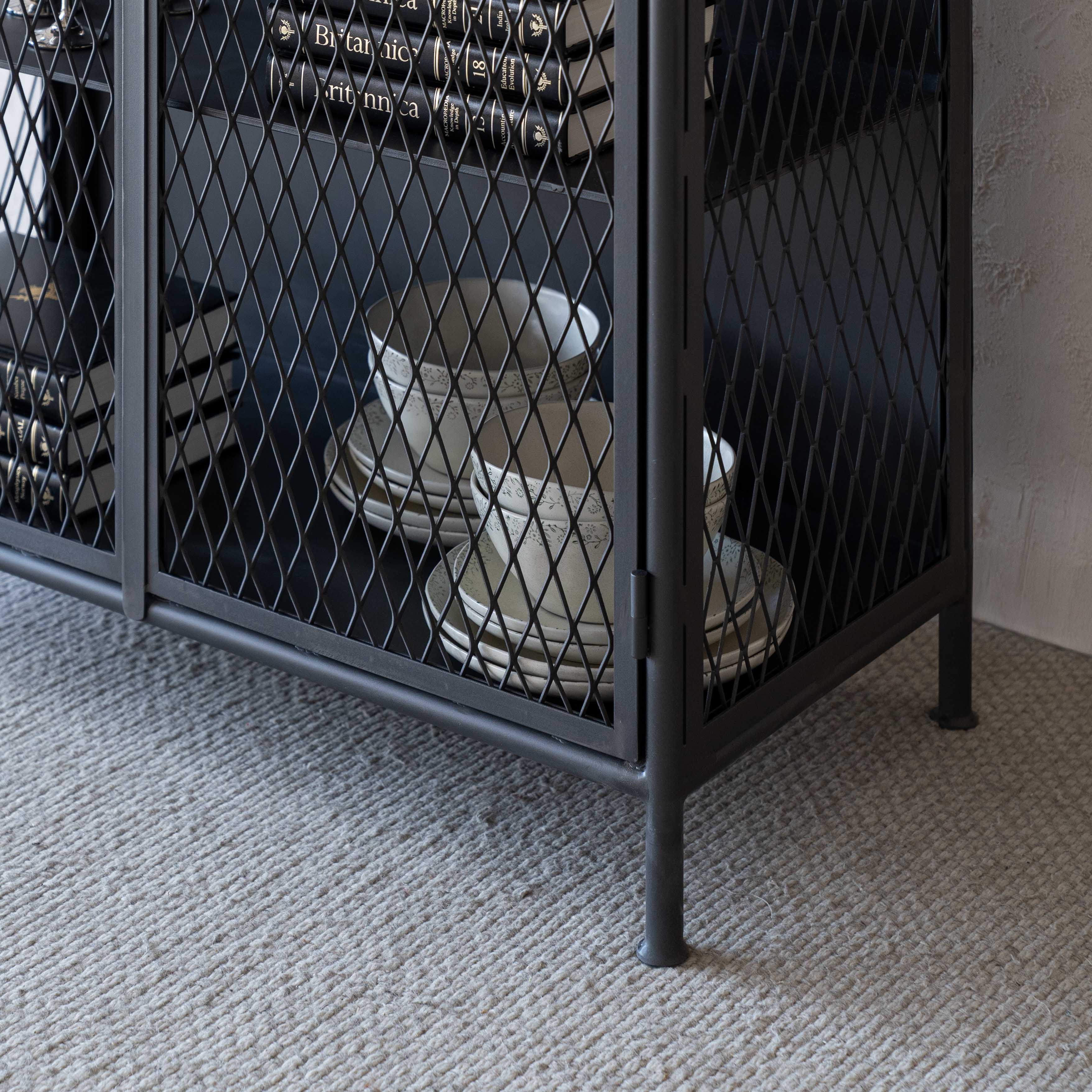 Arthur Grey Wash Industrial Bar Cabinet with Steel Mesh - Cabinets - WS Living Furniture Furniture Store in Dubai