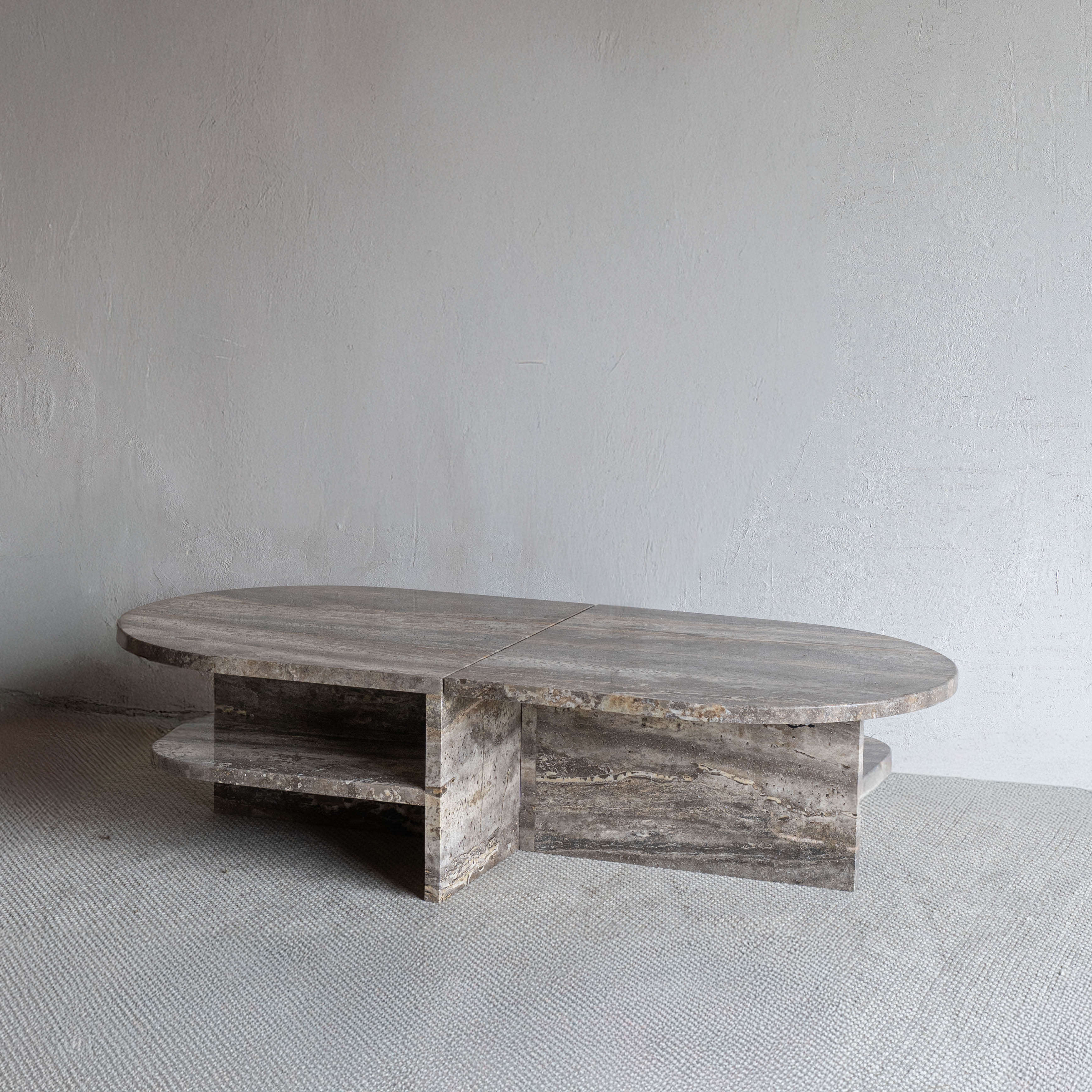 Caliza Oval Natural Marble Coffee Table With Shelf