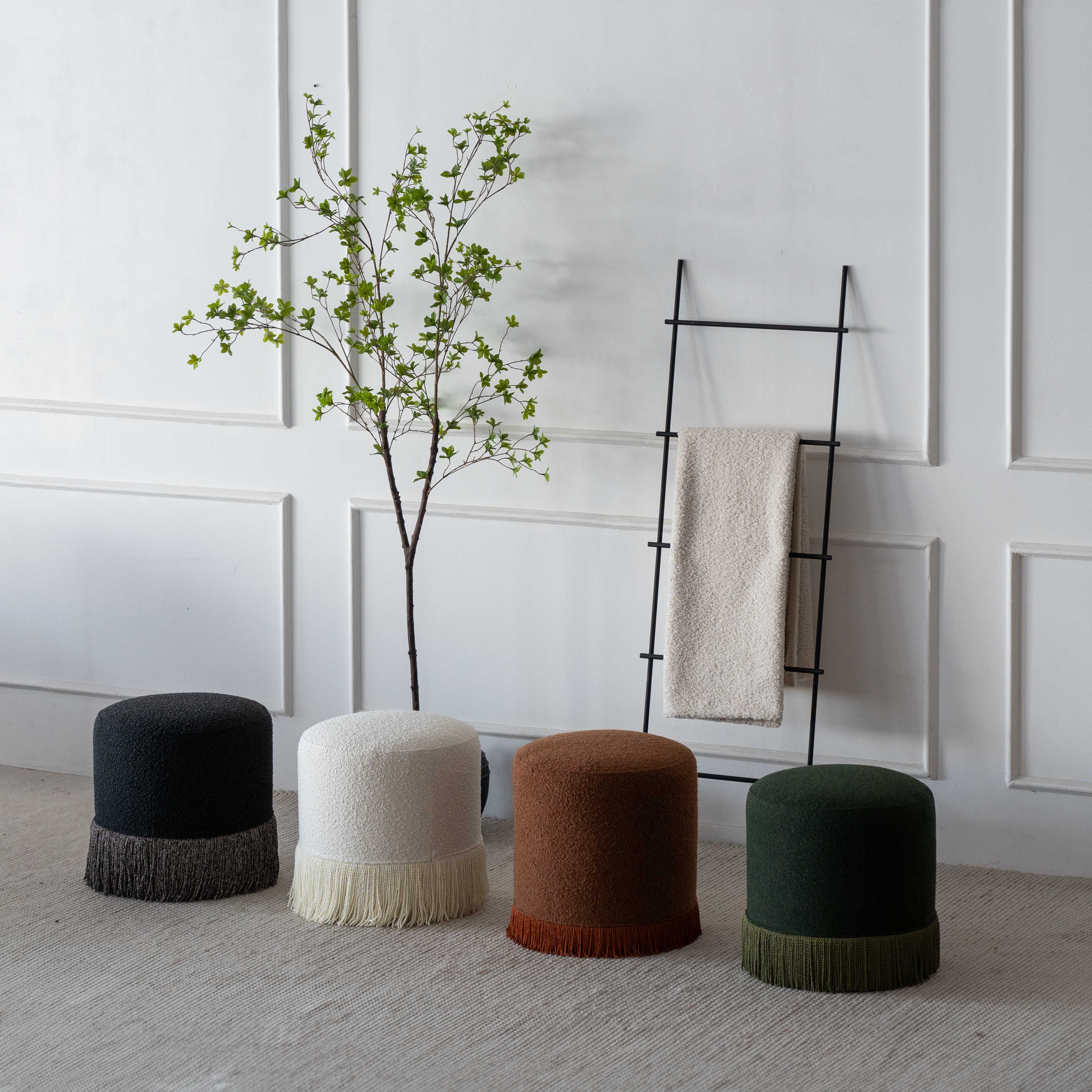 Contour Boucle Round Stool with Tassels | Pouf Ottoman - Pouf - WS Living Furniture Furniture Store in Dubai