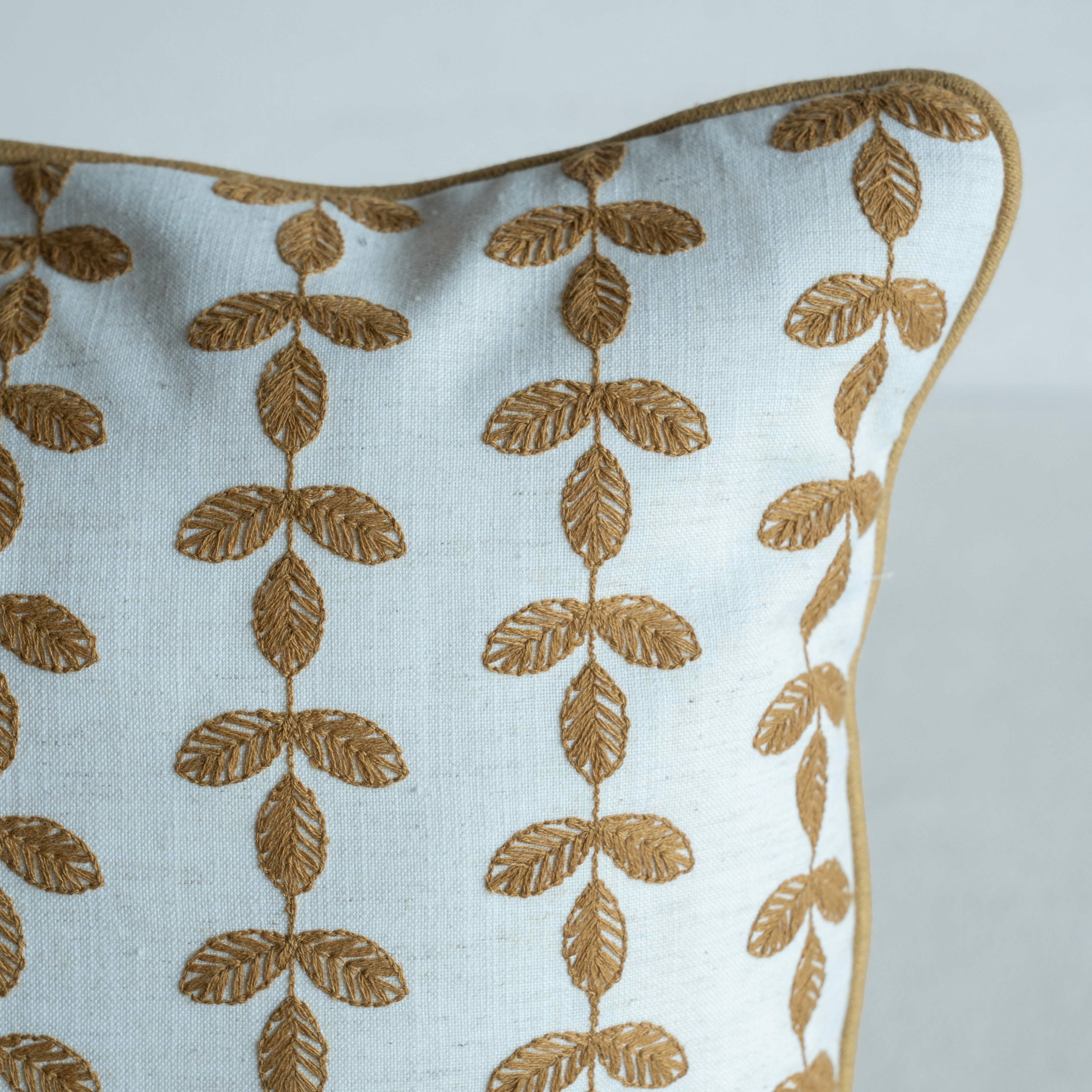 Bel Embroidered Leaf Vine Cushion Cover - MUSTARD