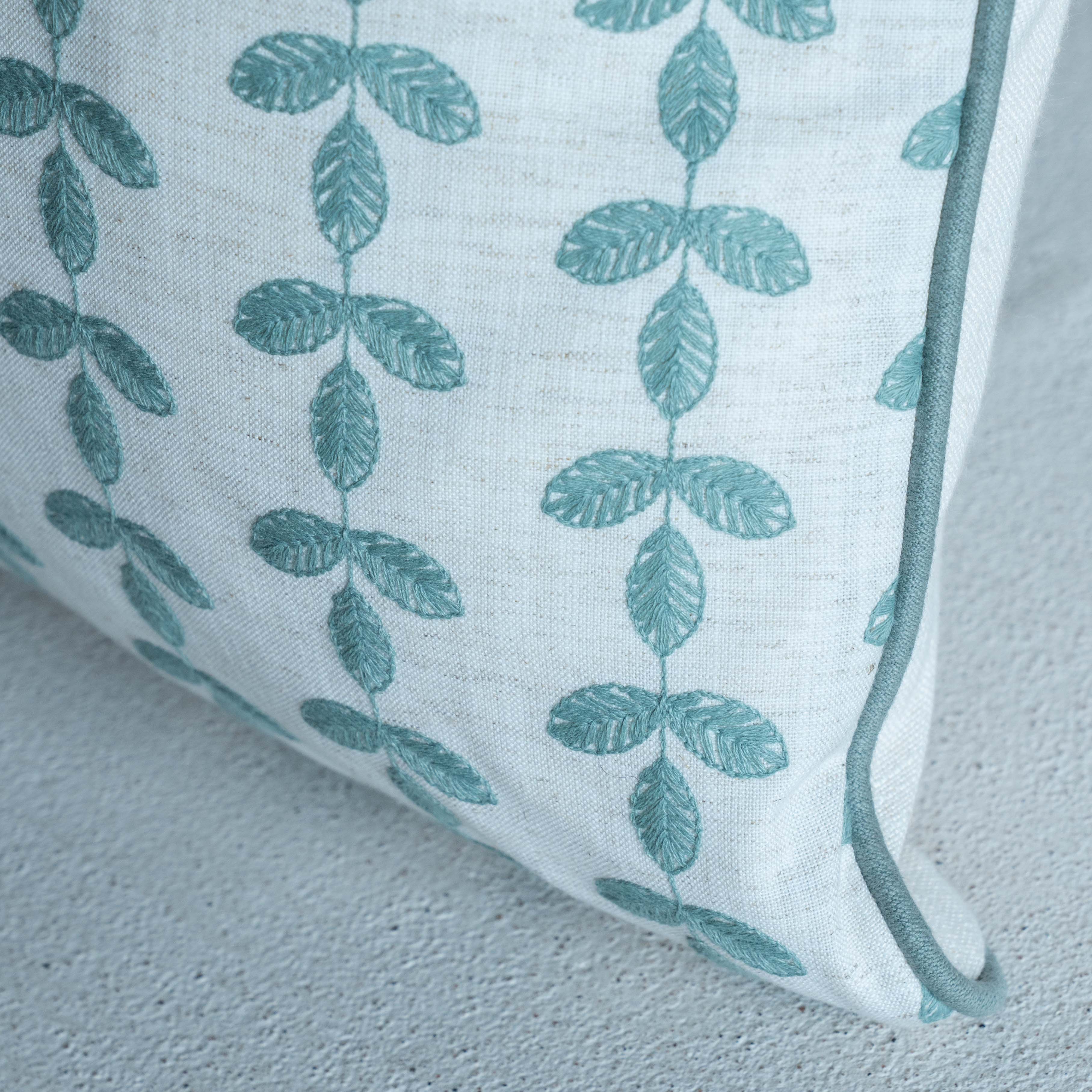 Bel Embroidered Leaf Vine Cushion Cover - BLUE
