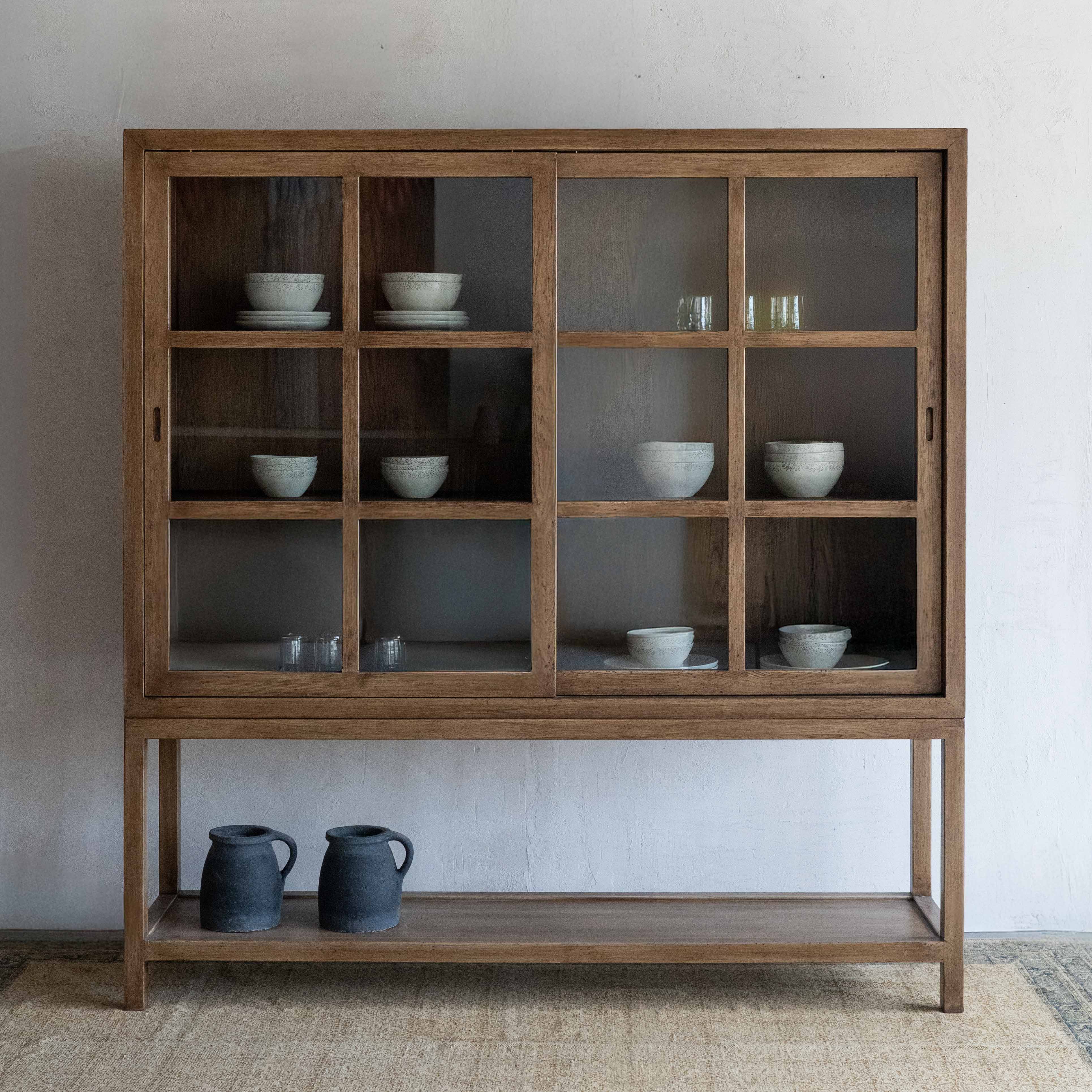 Glazed Solid Oak Wood Artisan Glass Door Cabinet