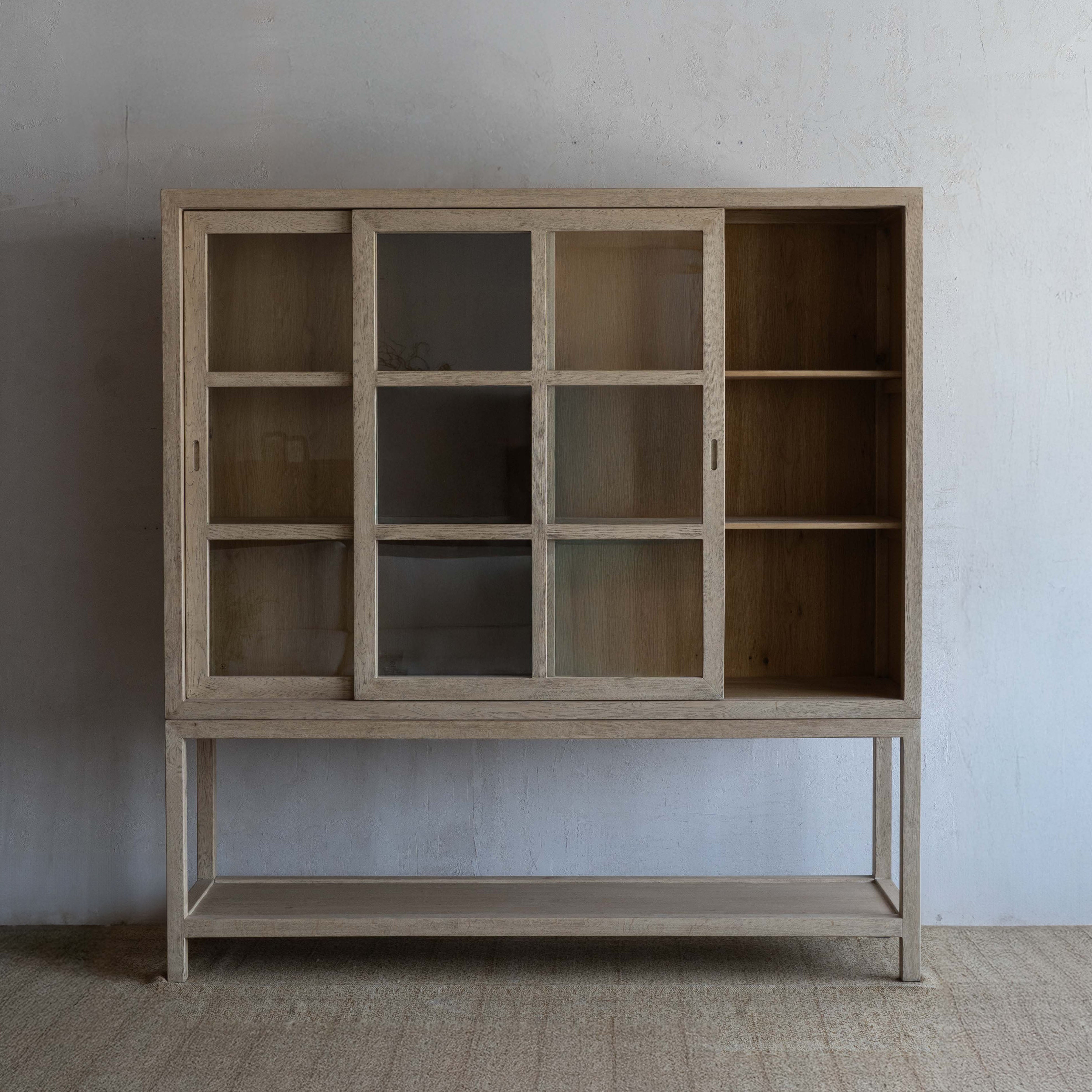 Glazed Natural Oak Wood Artisan Glass Door Cabinet