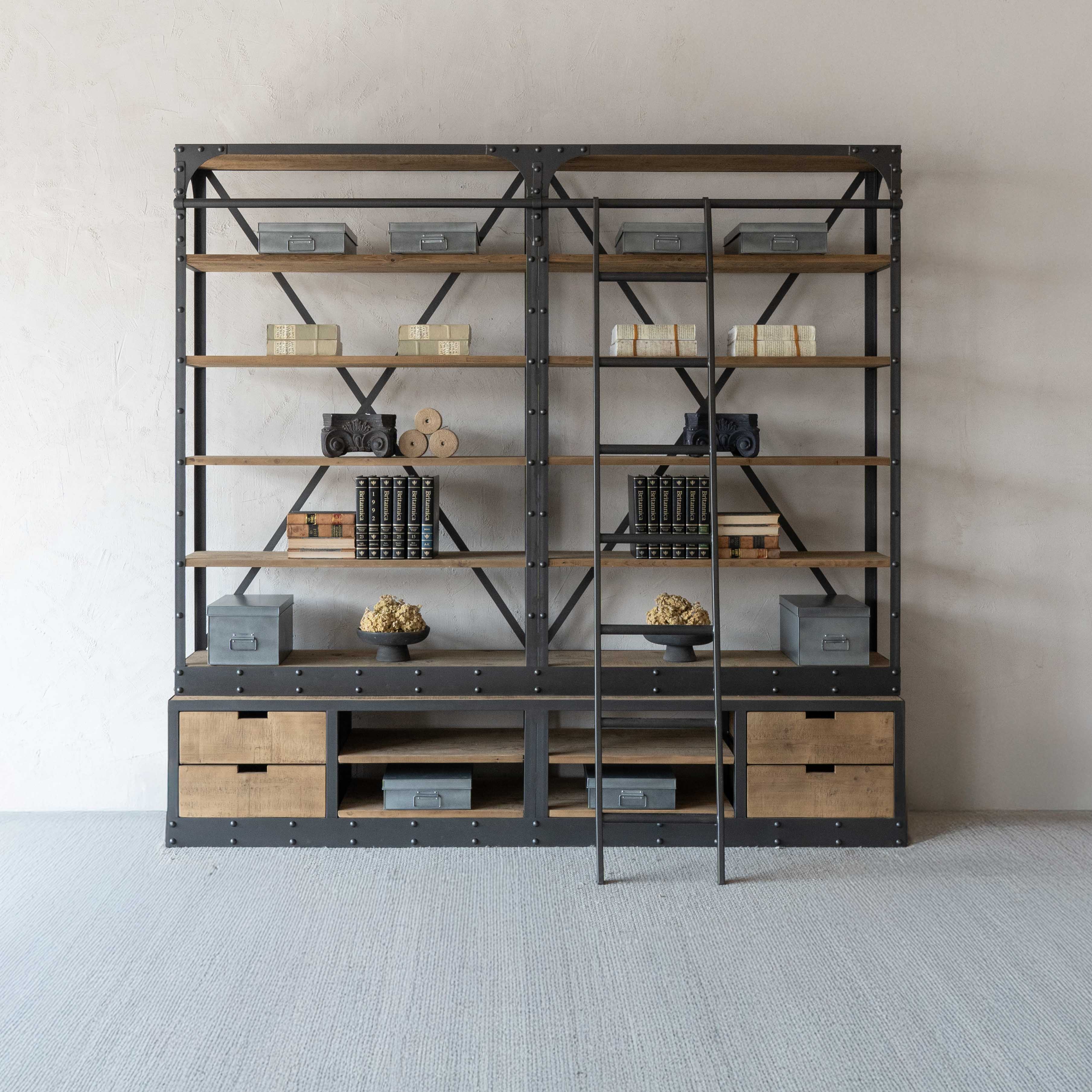 Urban Rustic Industrial Solid Wood Book Shelf Rack With Ladder - Shelves - WS Living Furniture Furniture Store in Dubai