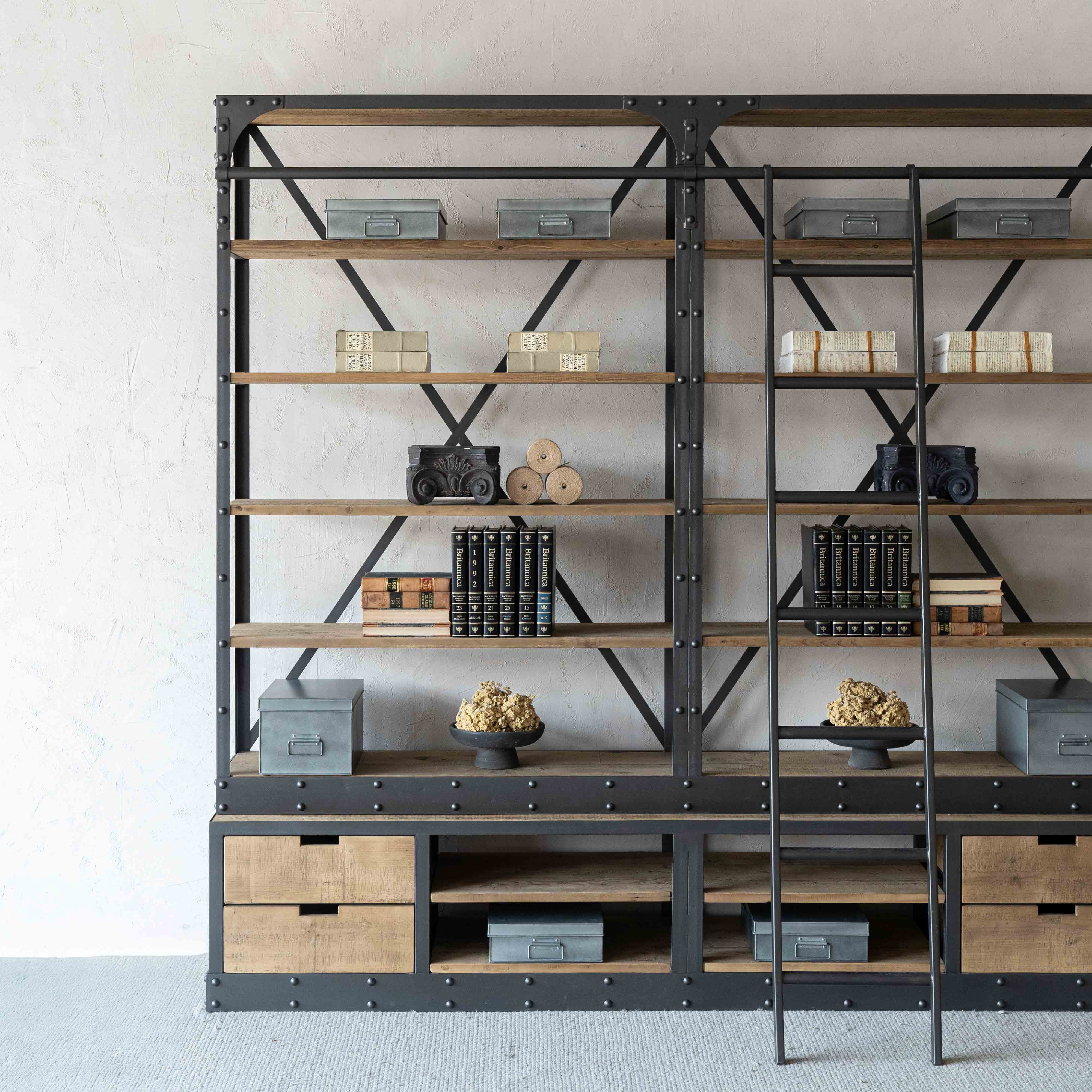 Urban Rustic Industrial Solid Wood Book Shelf Rack With Ladder - Shelves - WS Living Furniture Furniture Store in Dubai