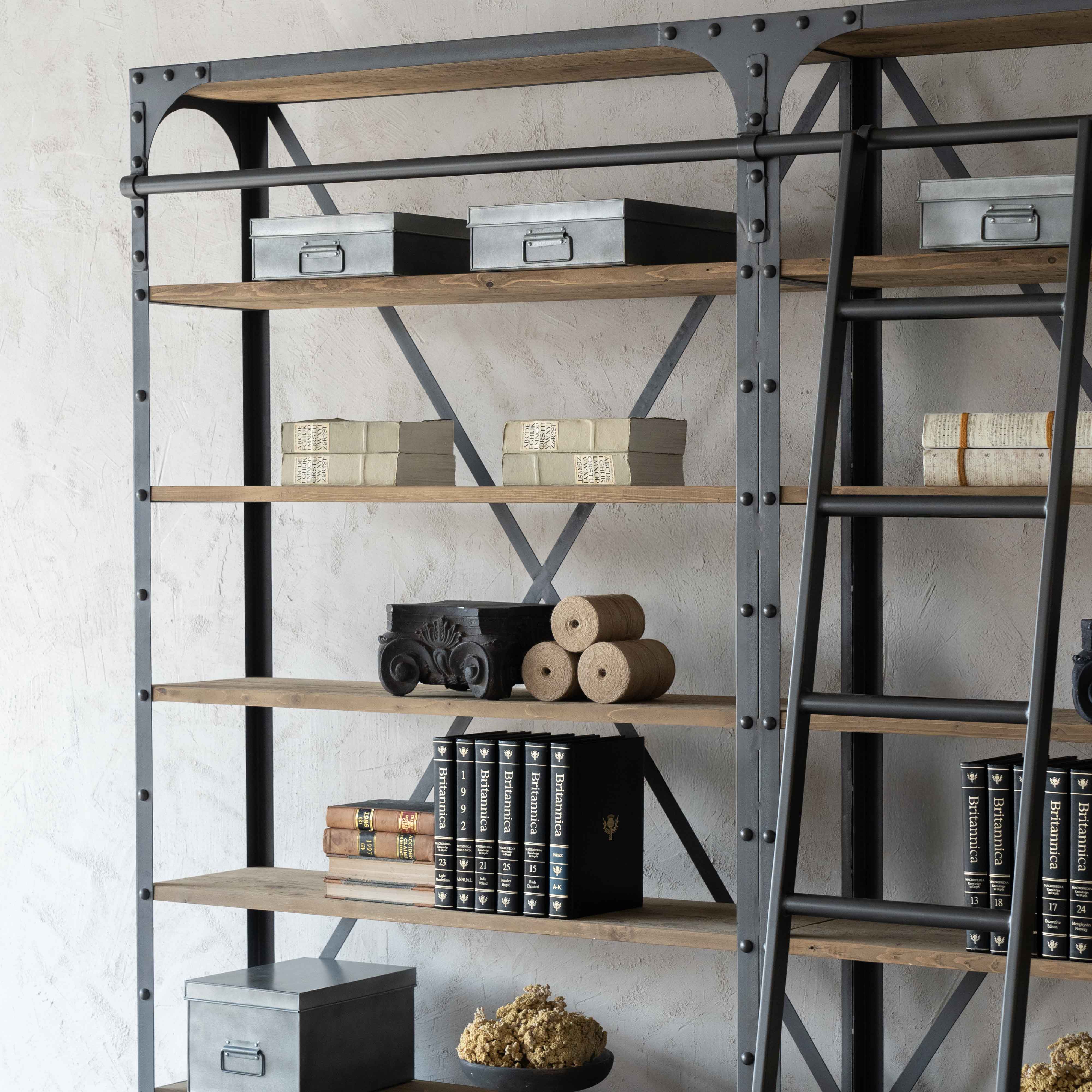 Urban Rustic Industrial Solid Wood Book Shelf Rack With Ladder - Shelves - WS Living Furniture Furniture Store in Dubai