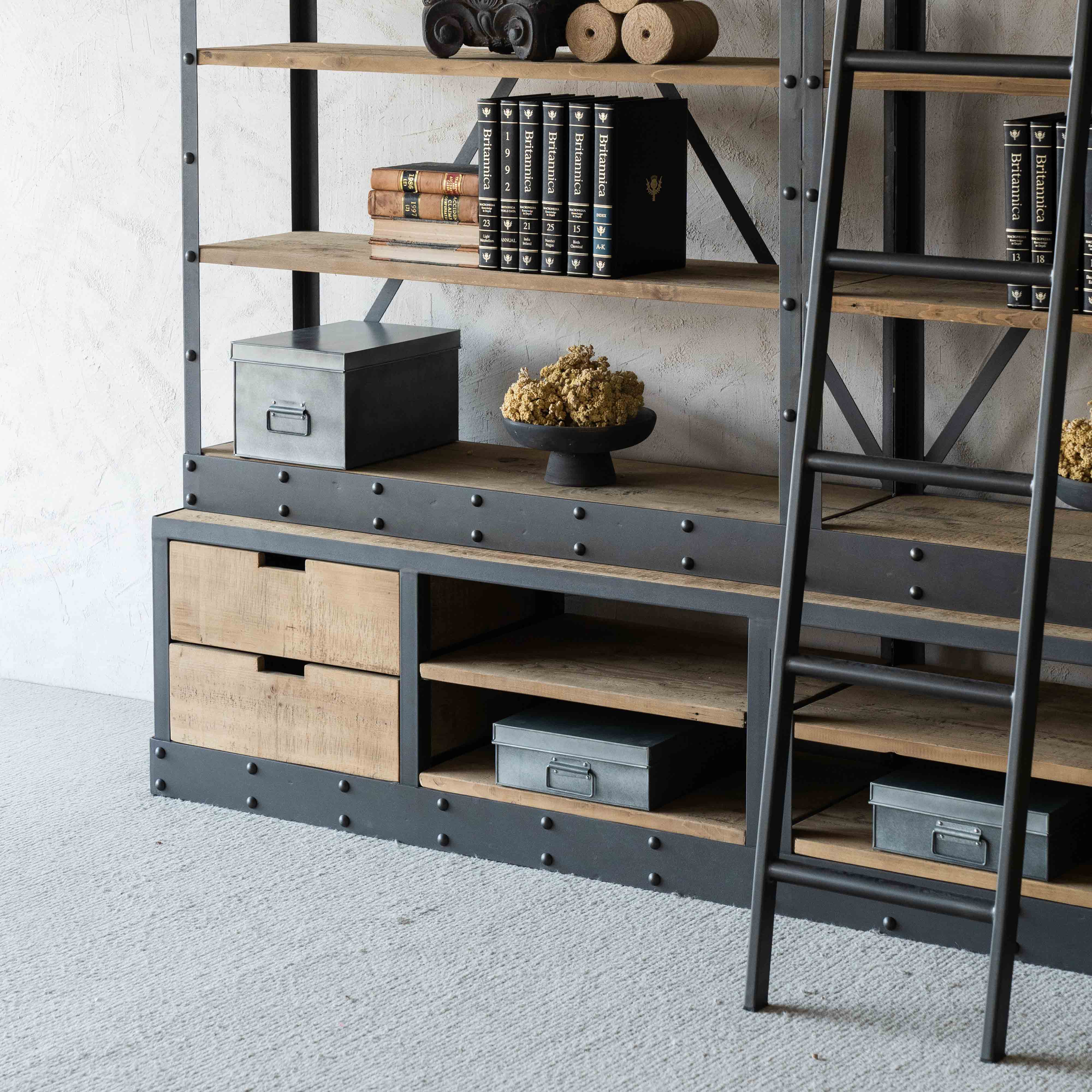 Urban Rustic Industrial Solid Wood Book Shelf Rack With Ladder - Shelves - WS Living Furniture Furniture Store in Dubai