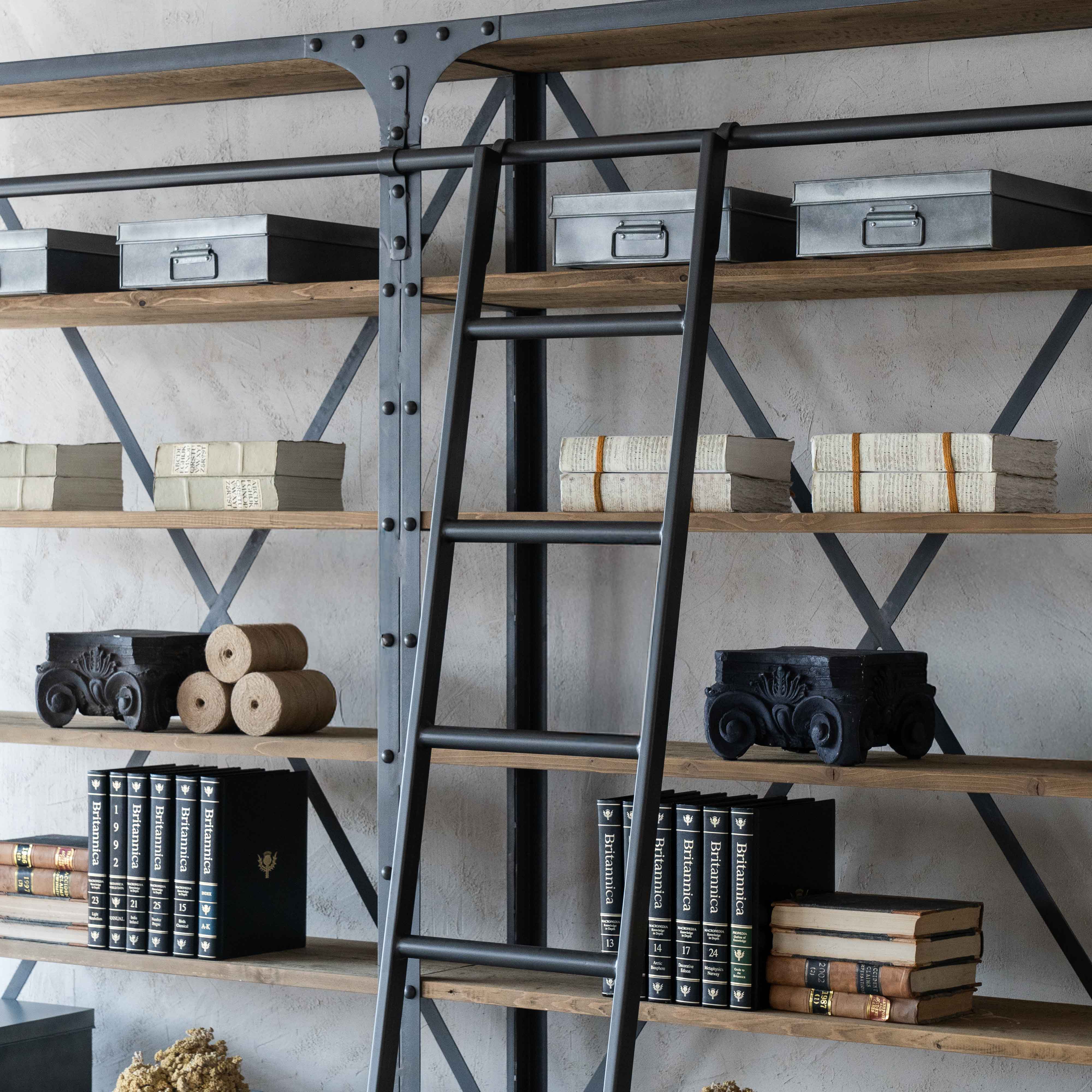 Urban Rustic Industrial Solid Wood Book Shelf Rack With Ladder - Shelves - WS Living Furniture Furniture Store in Dubai