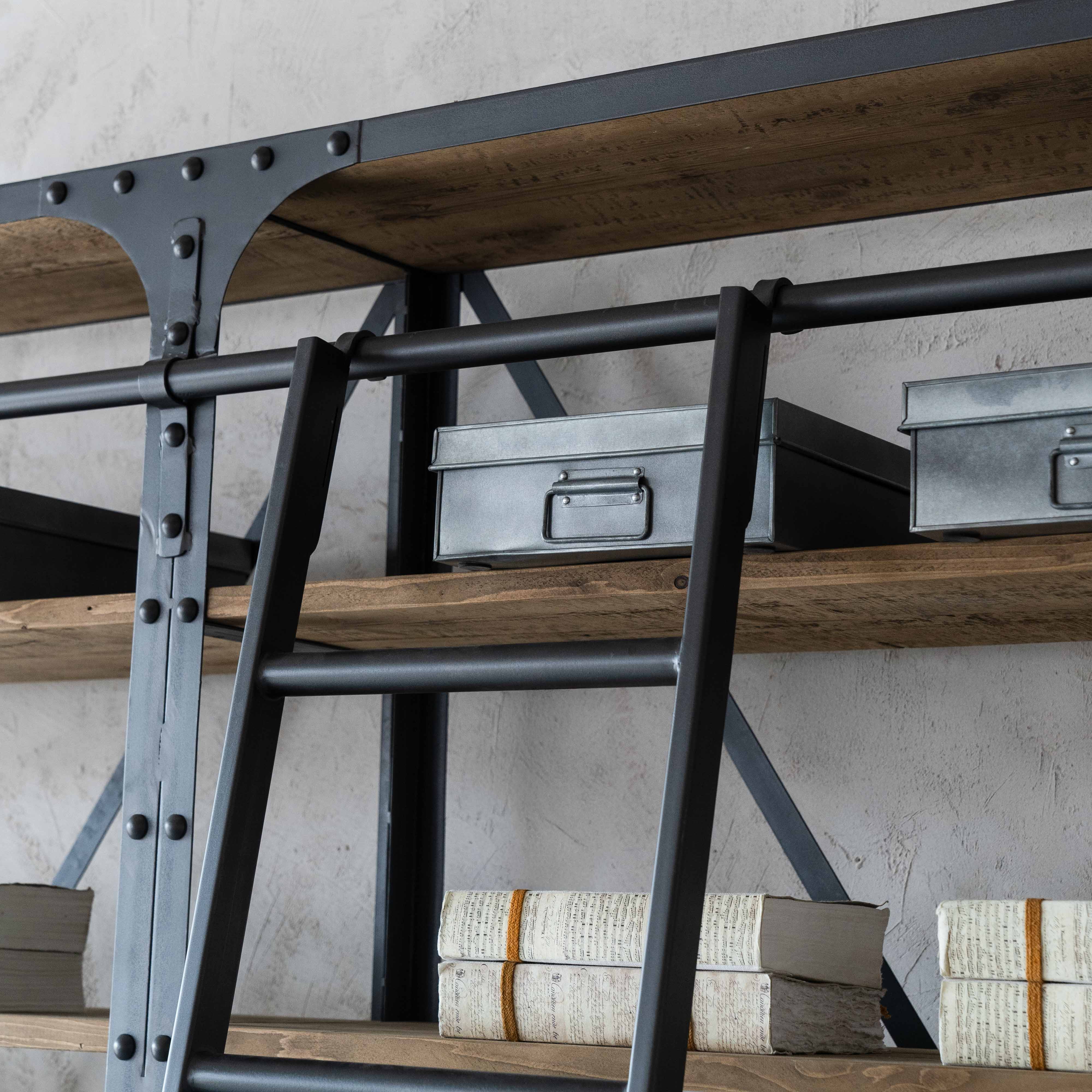 Urban Rustic Industrial Solid Wood Book Shelf Rack With Ladder - Shelves - WS Living Furniture Furniture Store in Dubai
