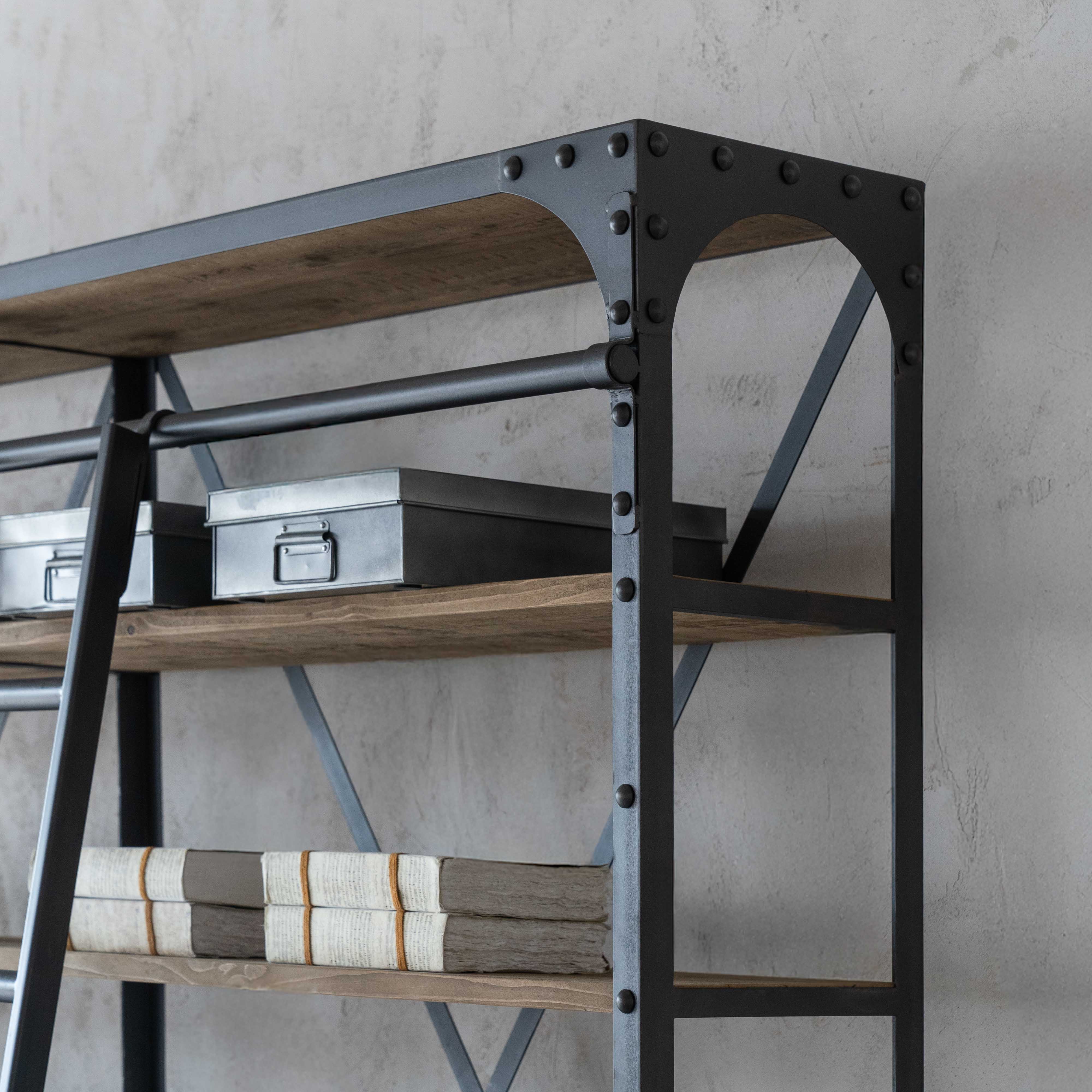 Urban Rustic Industrial Solid Wood Book Shelf Rack With Ladder - Shelves - WS Living Furniture Furniture Store in Dubai