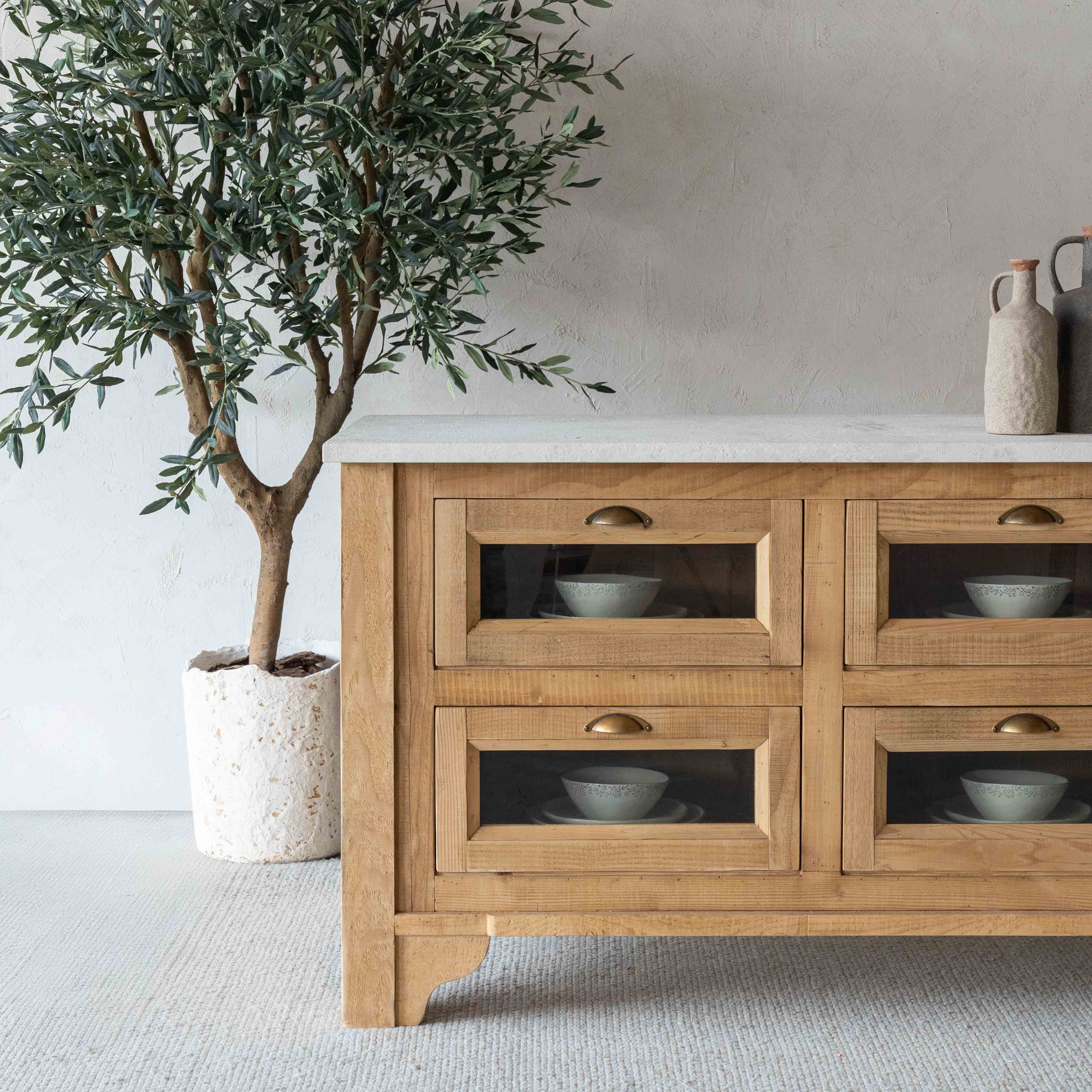 The Artisan Lime Stone Top & Wood Kitchen Island With Bar Table - Cabinets - WS Living Furniture Home Furniture Stores in Dubai