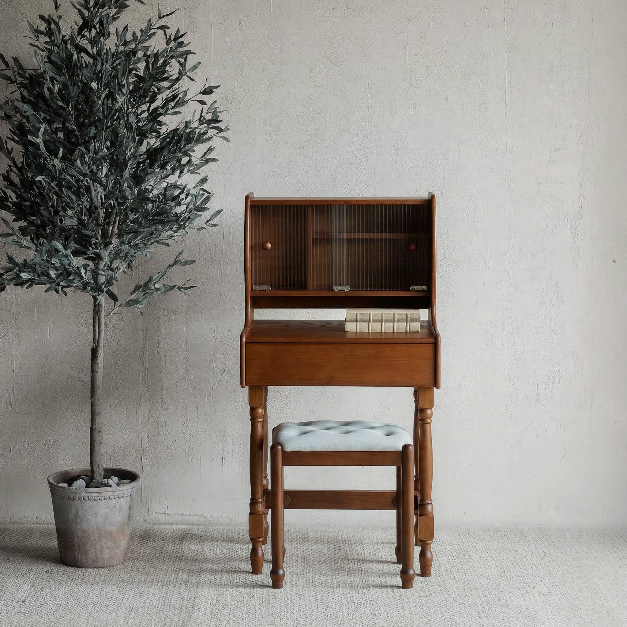 Lorric Mid Century Style Dressing Table With Stool - WALNUT