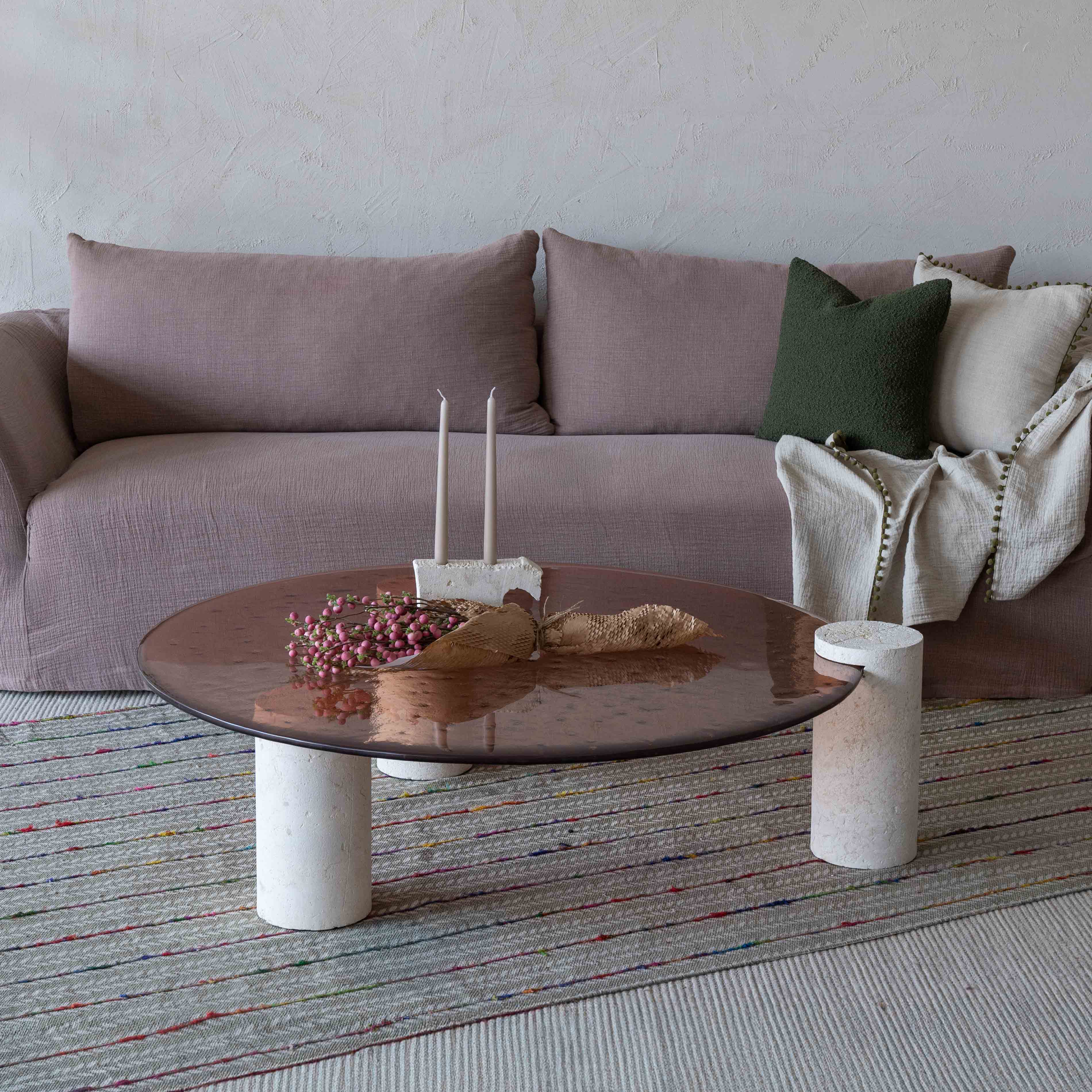Laura Glass Top & Lime Stone Base Round Coffee Table - Coffee Tables - WS Living Furniture Furniture Store in Dubai