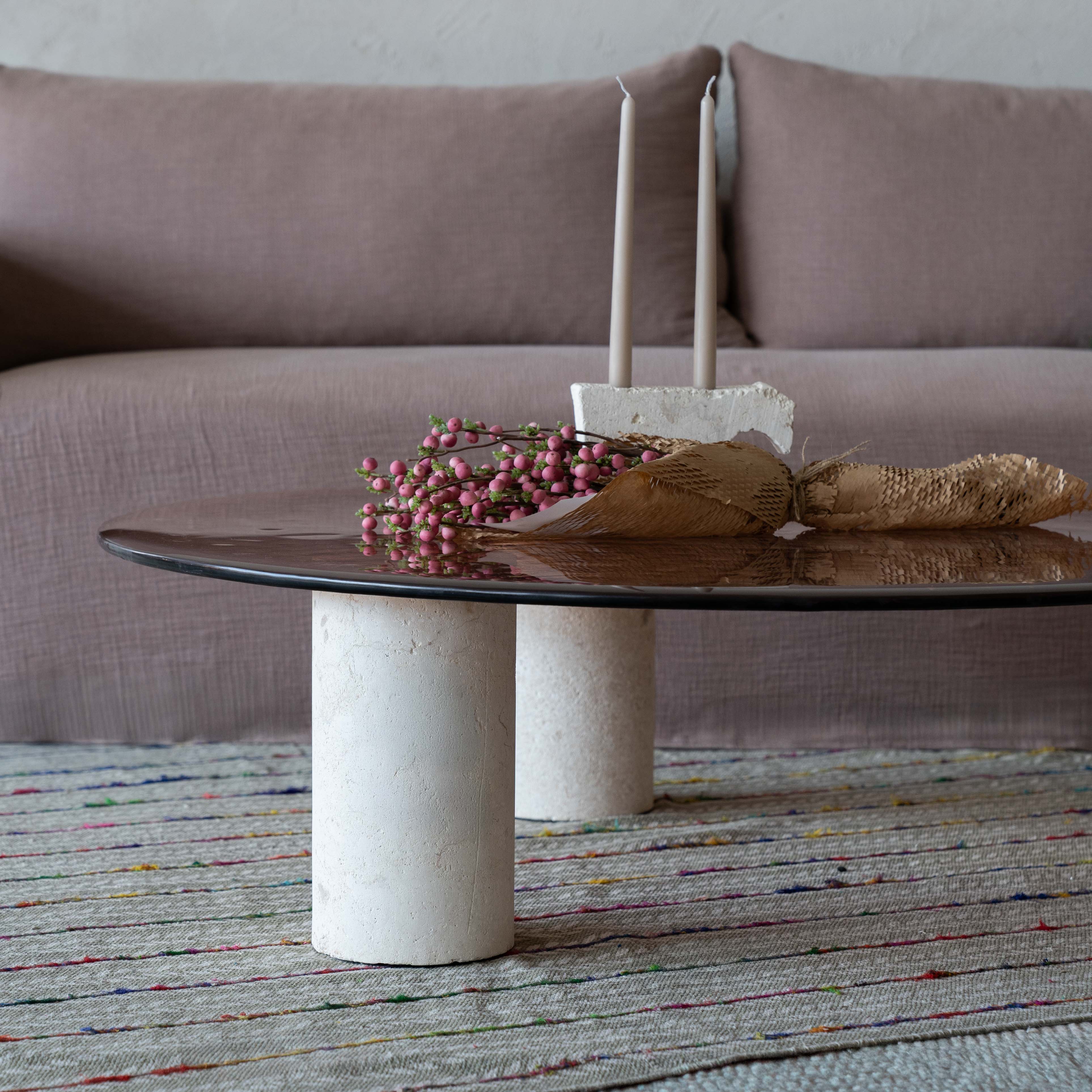 Laura Glass Top & Lime Stone Base Round Coffee Table - Coffee Tables - WS Living Furniture Furniture Store in Dubai