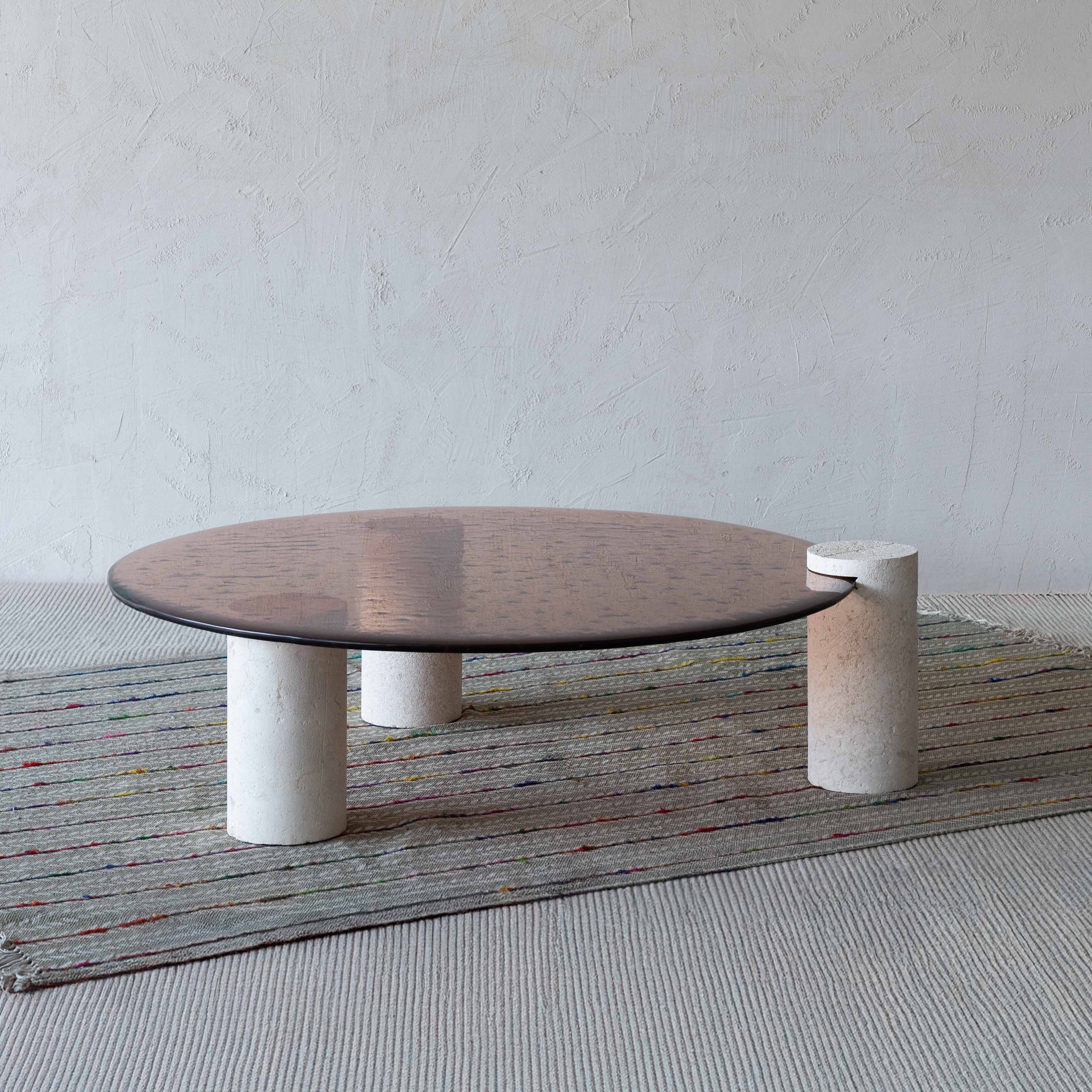 Laura Glass Top & Lime Stone Base Round Coffee Table - Coffee Tables - WS Living Furniture Furniture Store in Dubai