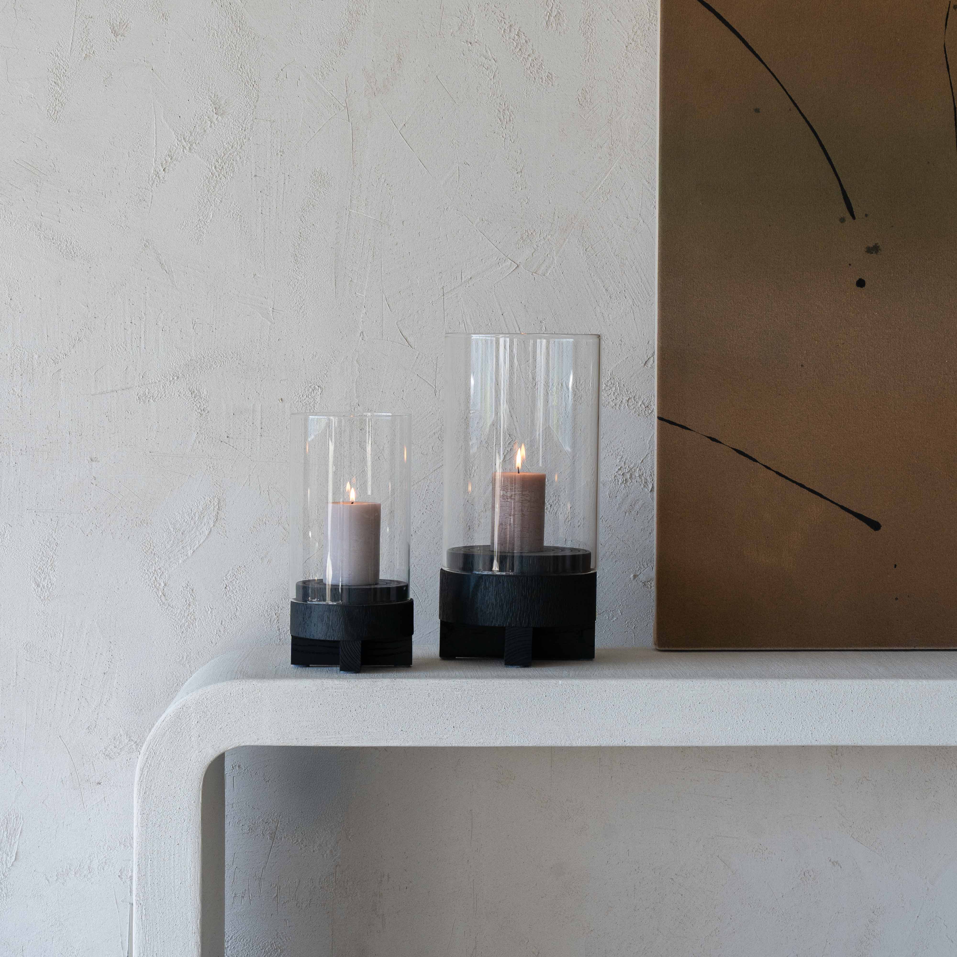 Lustre Solid Wood Black Candle Holder With Glass Cover - Candle Holders - WS Living Furniture Furniture Store in Dubai