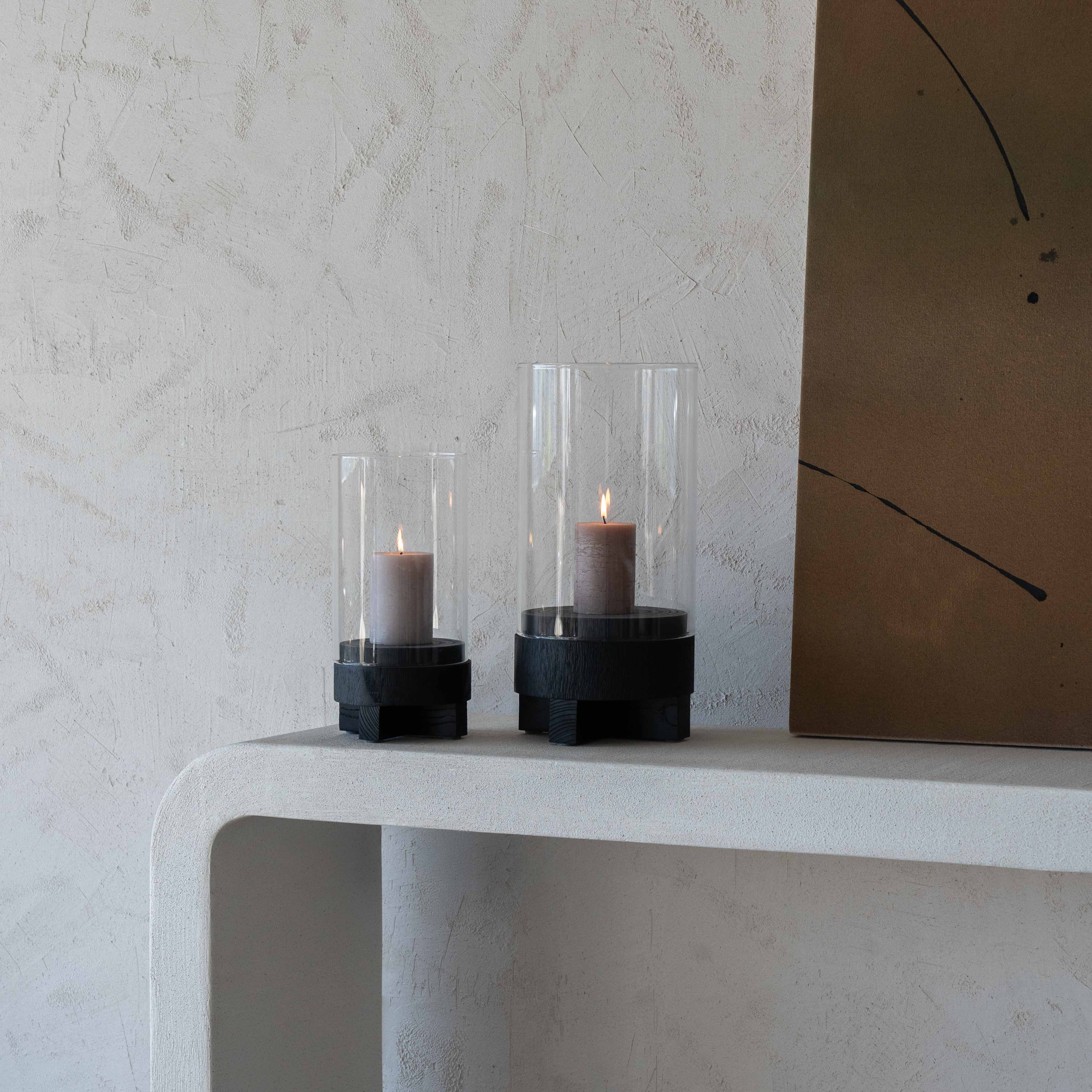 Lustre Solid Wood Black Candle Holder With Glass Cover - Candle Holders - WS Living Furniture Furniture Store in Dubai