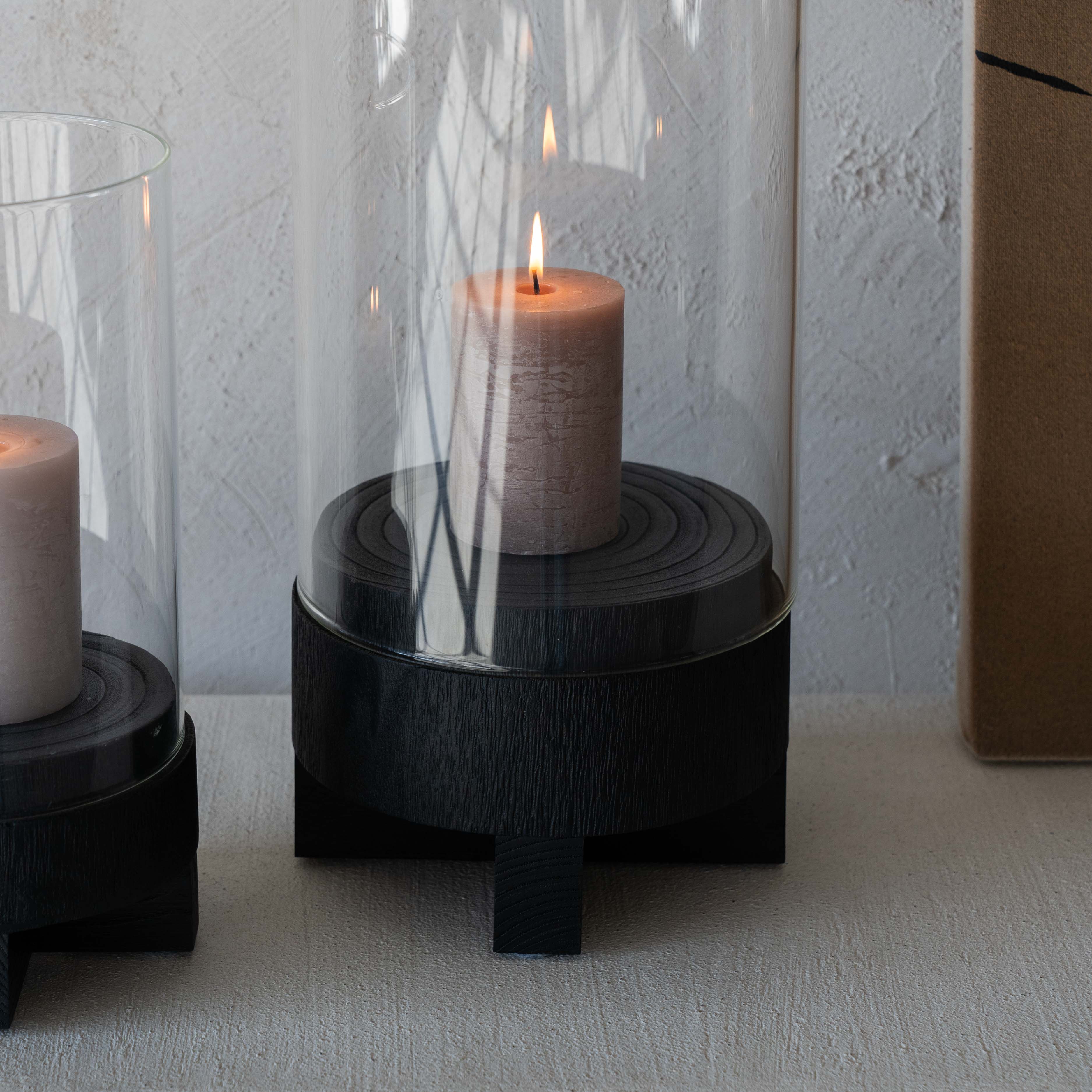 Lustre Solid Wood Black Candle Holder With Glass Cover - Candle Holders - WS Living Furniture Furniture Store in Dubai