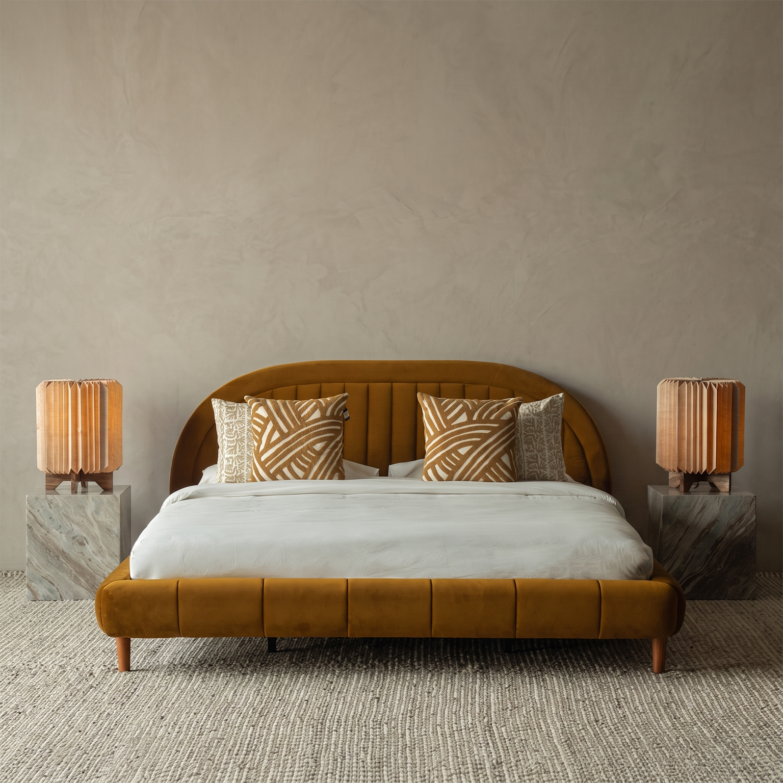 Harvest Arch Mustard Velvet Modern King Size Bed