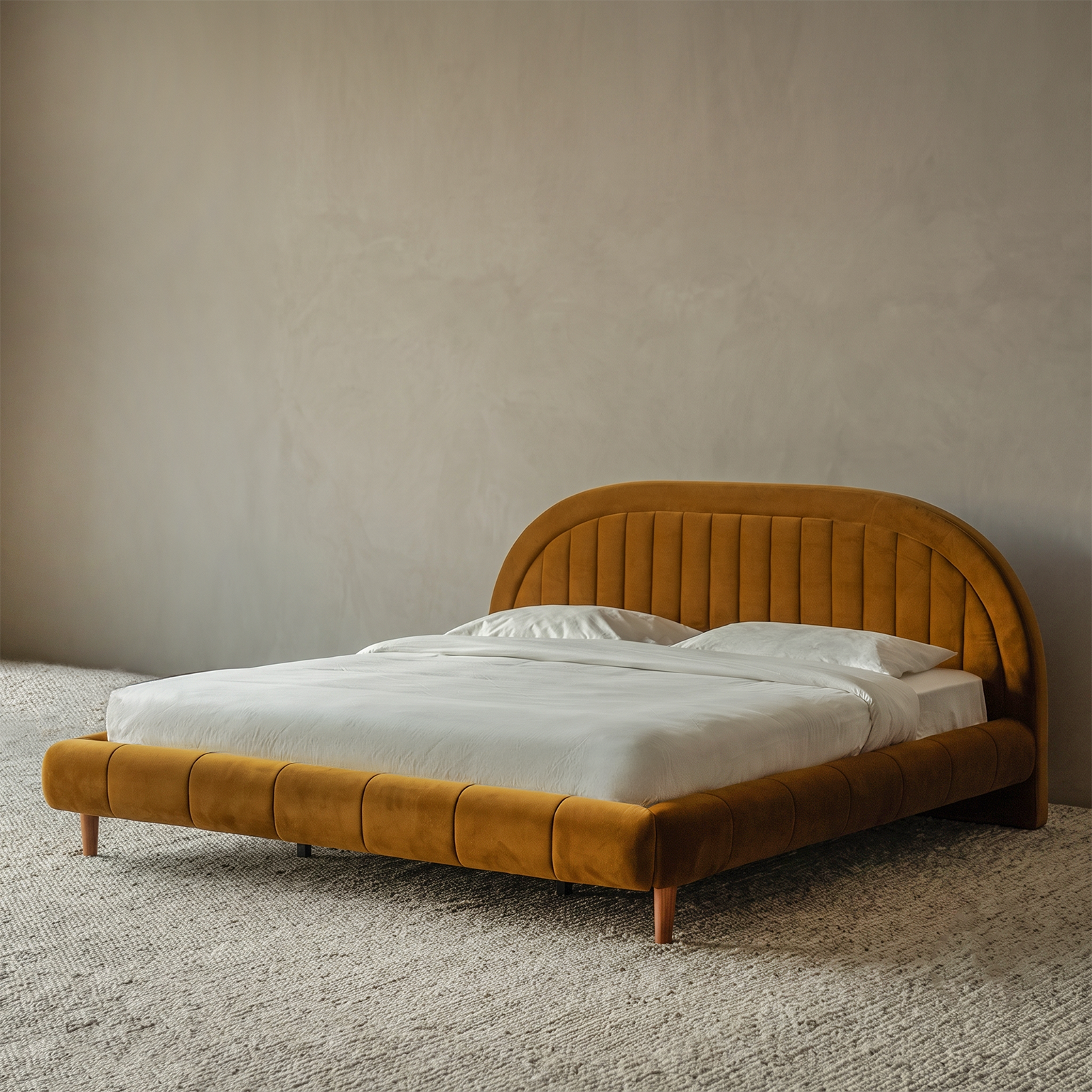 Harvest Arch Mustard Velvet Modern King Size Bed