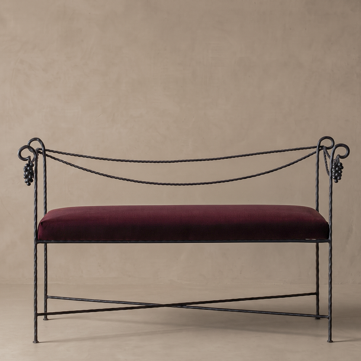Toscana Wrought Iron Accent Bench – Burgundy Velvet