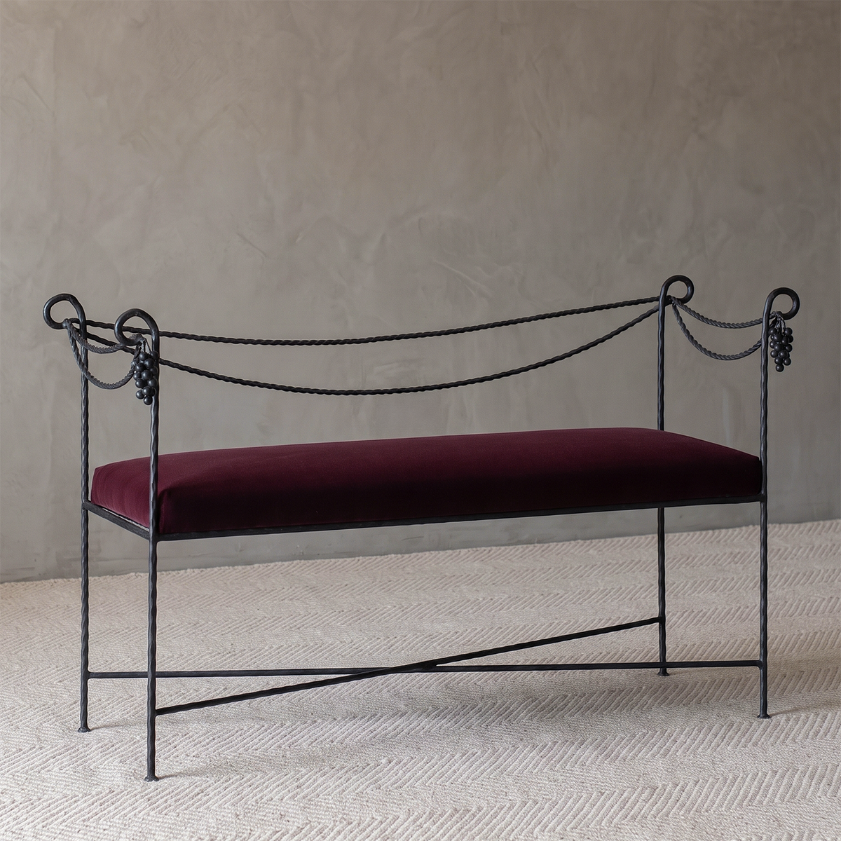 Toscana Wrought Iron Accent Bench – Burgundy Velvet