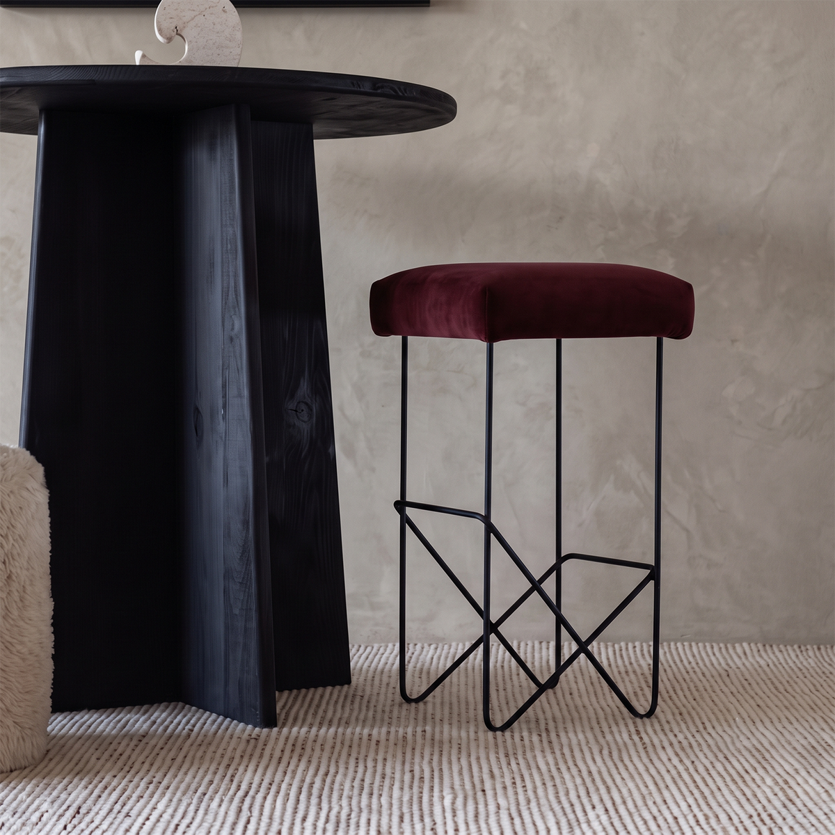 Nora Minimalist Classic Bar Stool - BURGUNDY VELVET
