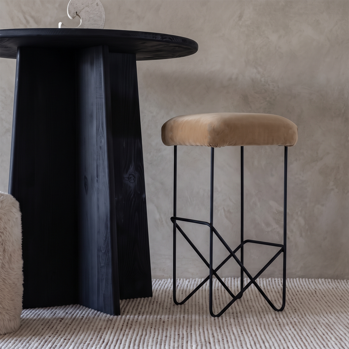 Nora Minimalist Bar Stool - SAND BEIGE VELVET