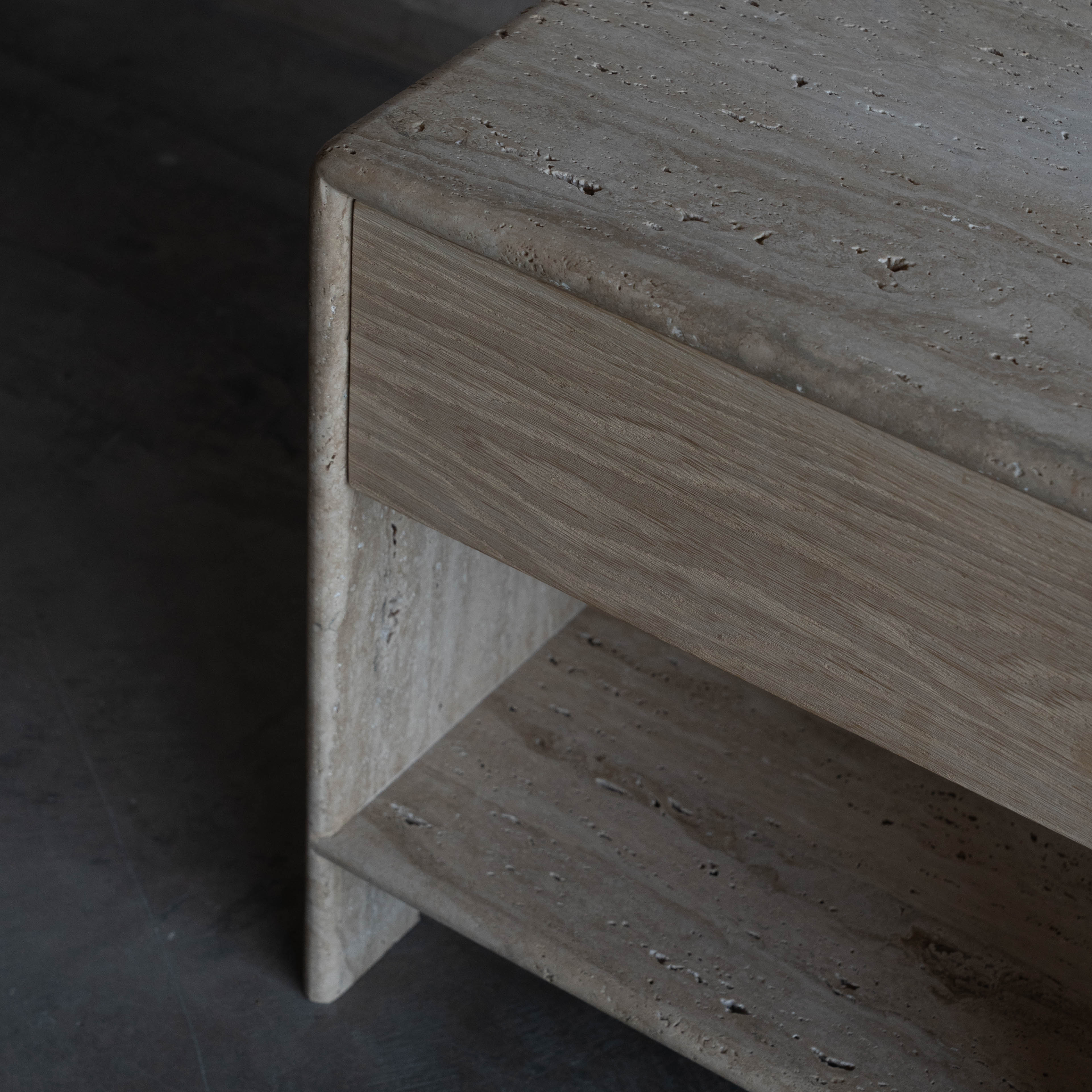 Palm Travertine Marble Bed Side Table W/Drawers - Beige - Side Table - WS Living Furniture Furniture Store in Dubai