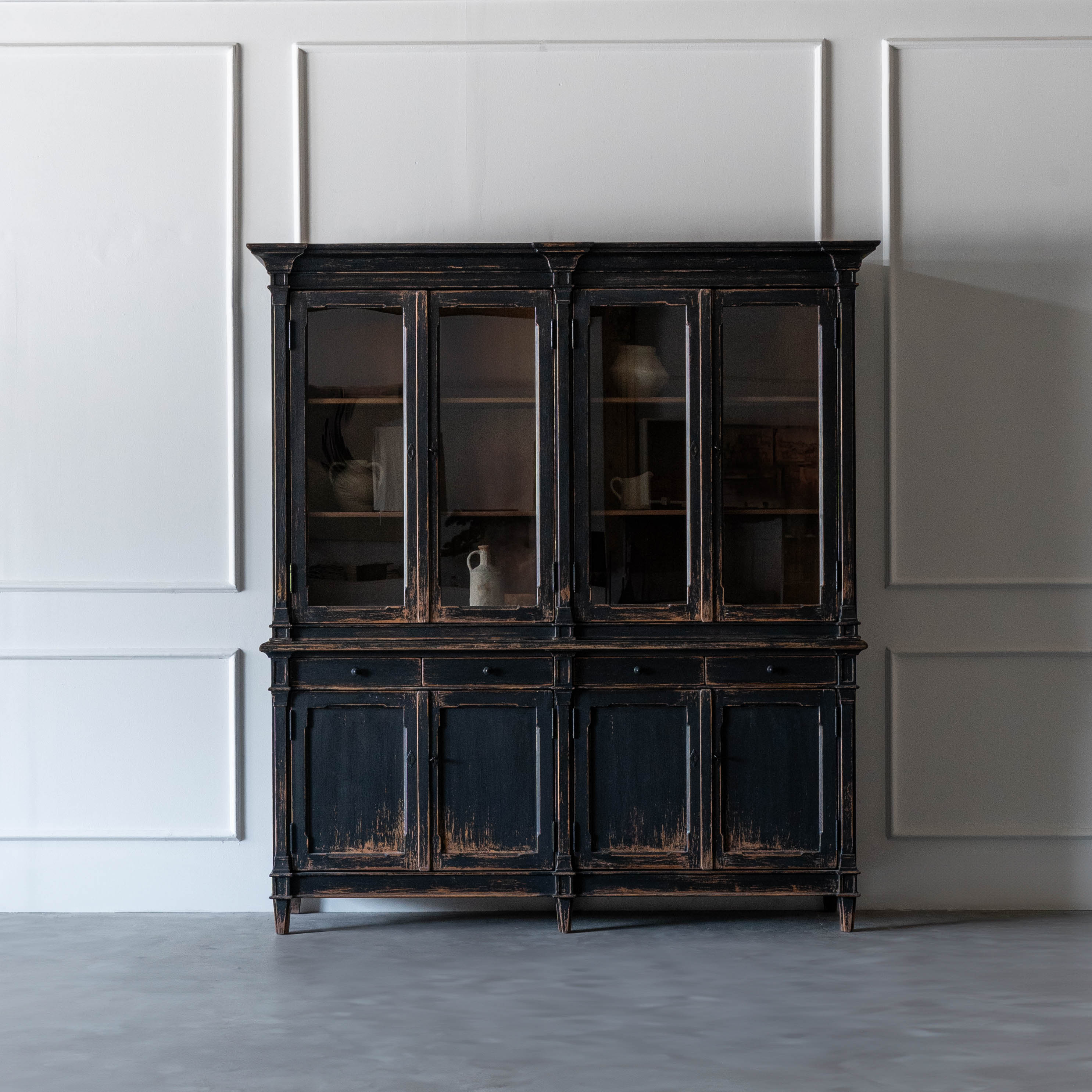 Phelony Glass Solid Wood Antique Classic Book Shelf With Storage Black Cabinet - Cabinets - WS Living Furniture Furniture Store in Dubai