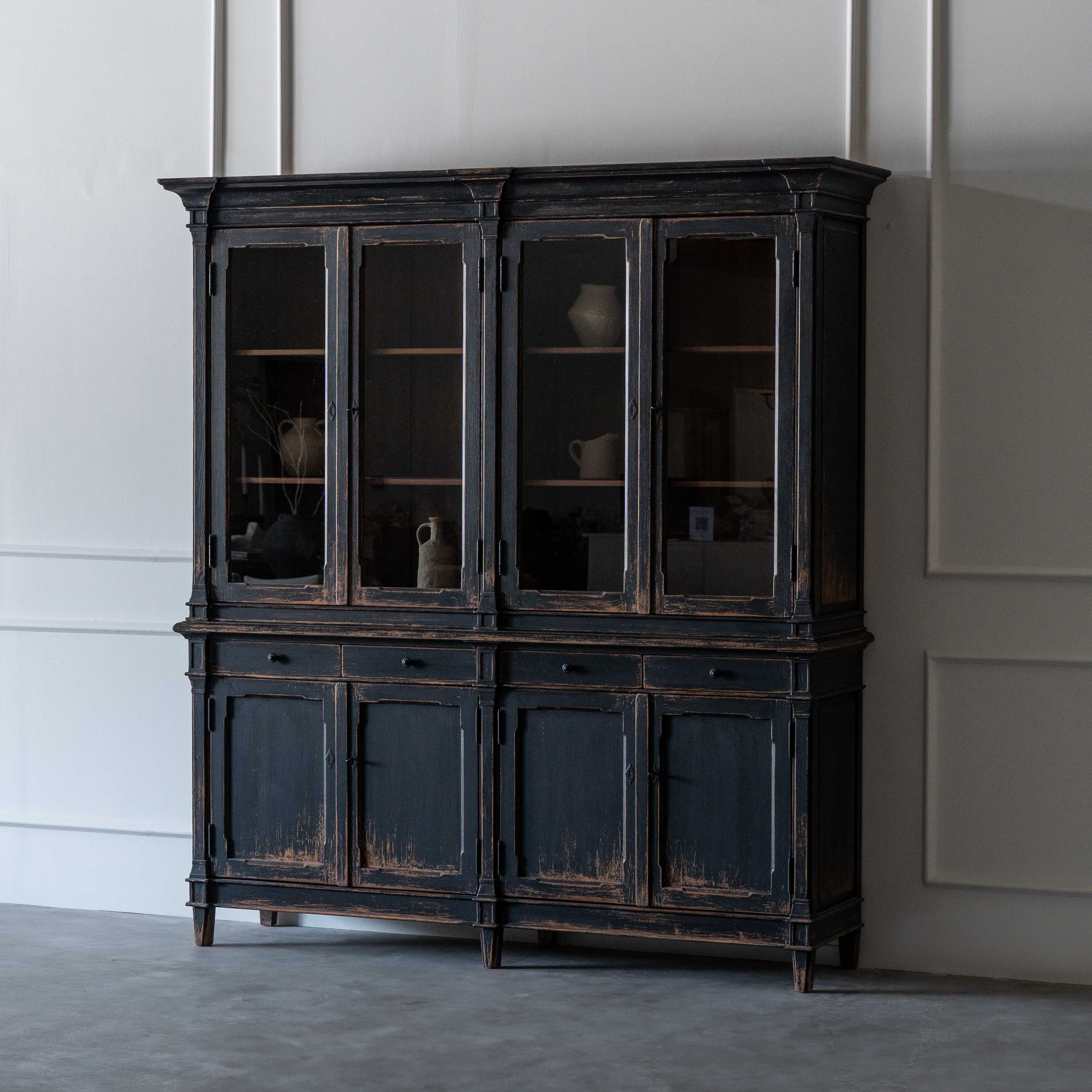 Phelony Glass Solid Wood Antique Classic Book Shelf With Storage Black Cabinet - Cabinets - WS Living Furniture Furniture Store in Dubai