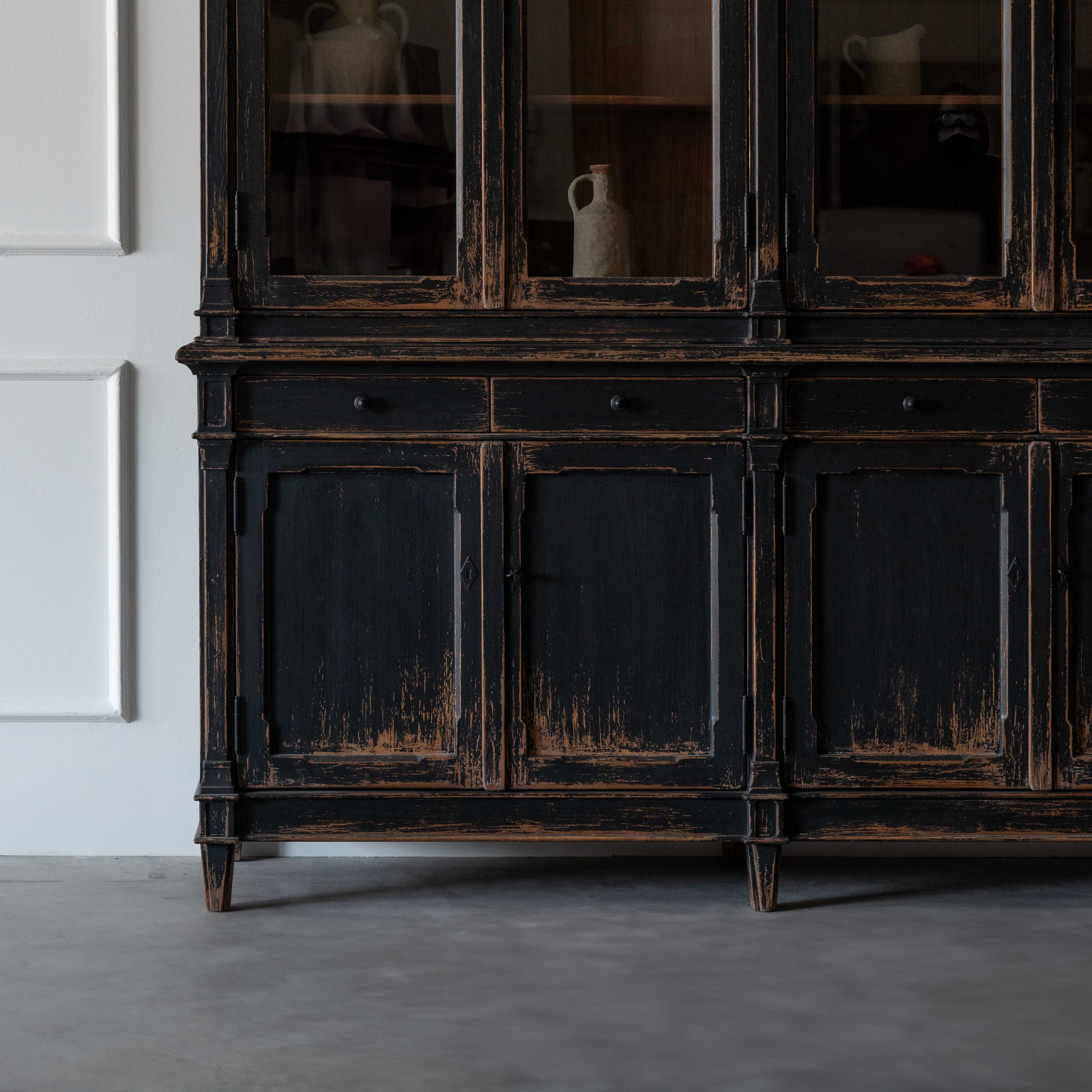 Phelony Glass Solid Wood Antique Classic Book Shelf With Storage Black Cabinet - Cabinets - WS Living Furniture Furniture Store in Dubai