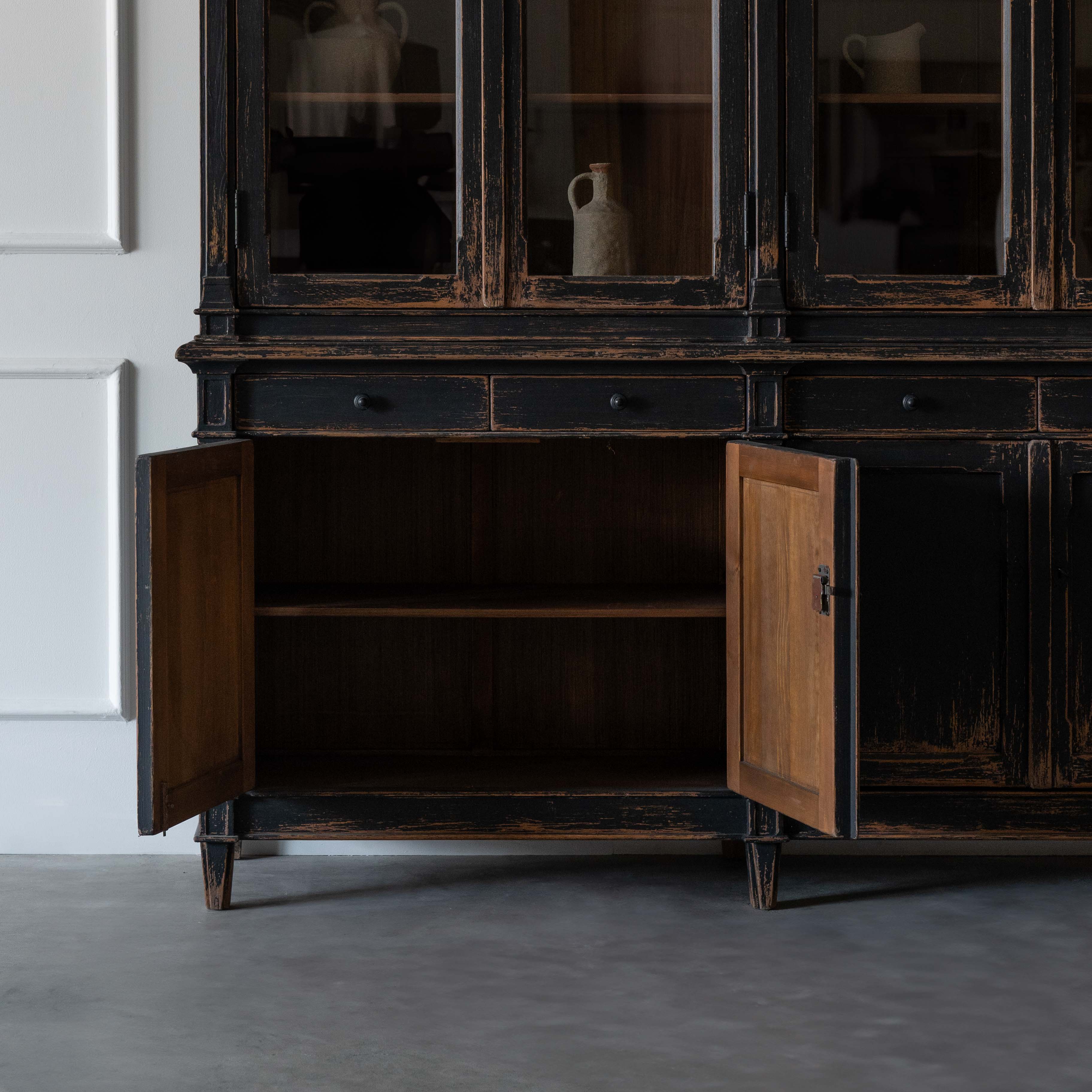 Phelony Glass Solid Wood Antique Classic Book Shelf With Storage Black Cabinet - Cabinets - WS Living Furniture Furniture Store in Dubai