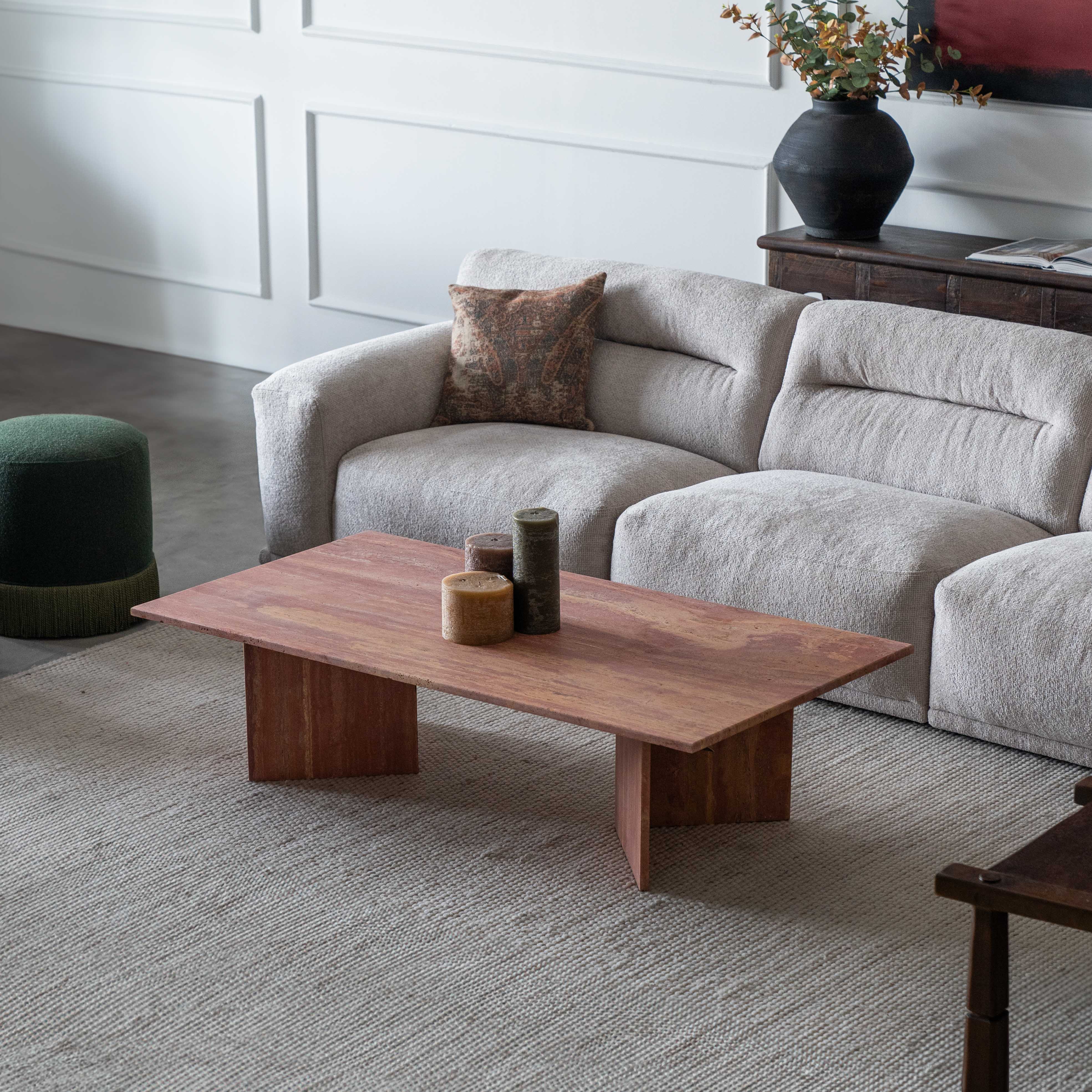 Palm Rectangle Pink Travertine Marble Coffee Table - Coffee Tables - WS Living - UAE Modern Home Furniture Stores in Dubai