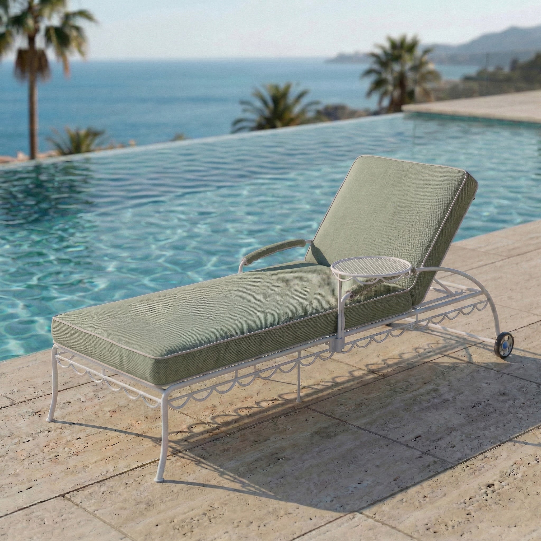 Shams Wrought Sun Lounger Chaise With Side Table - GREEN
