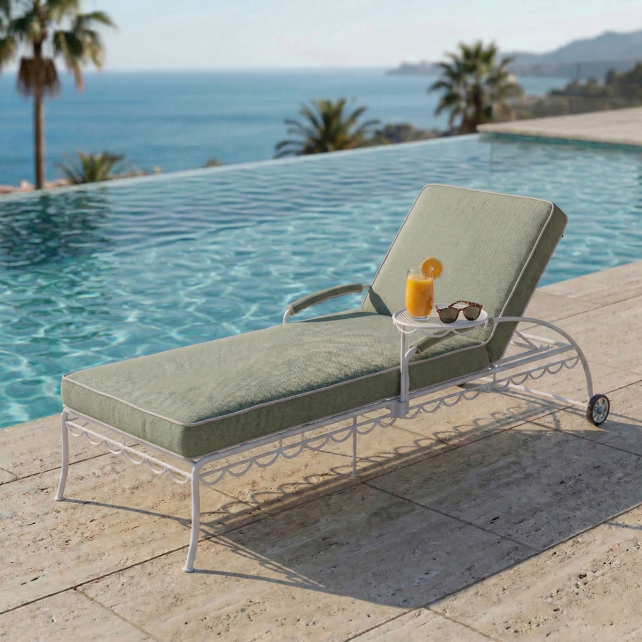 Shams Wrought Sun Lounger Chaise With Side Table - GREEN
