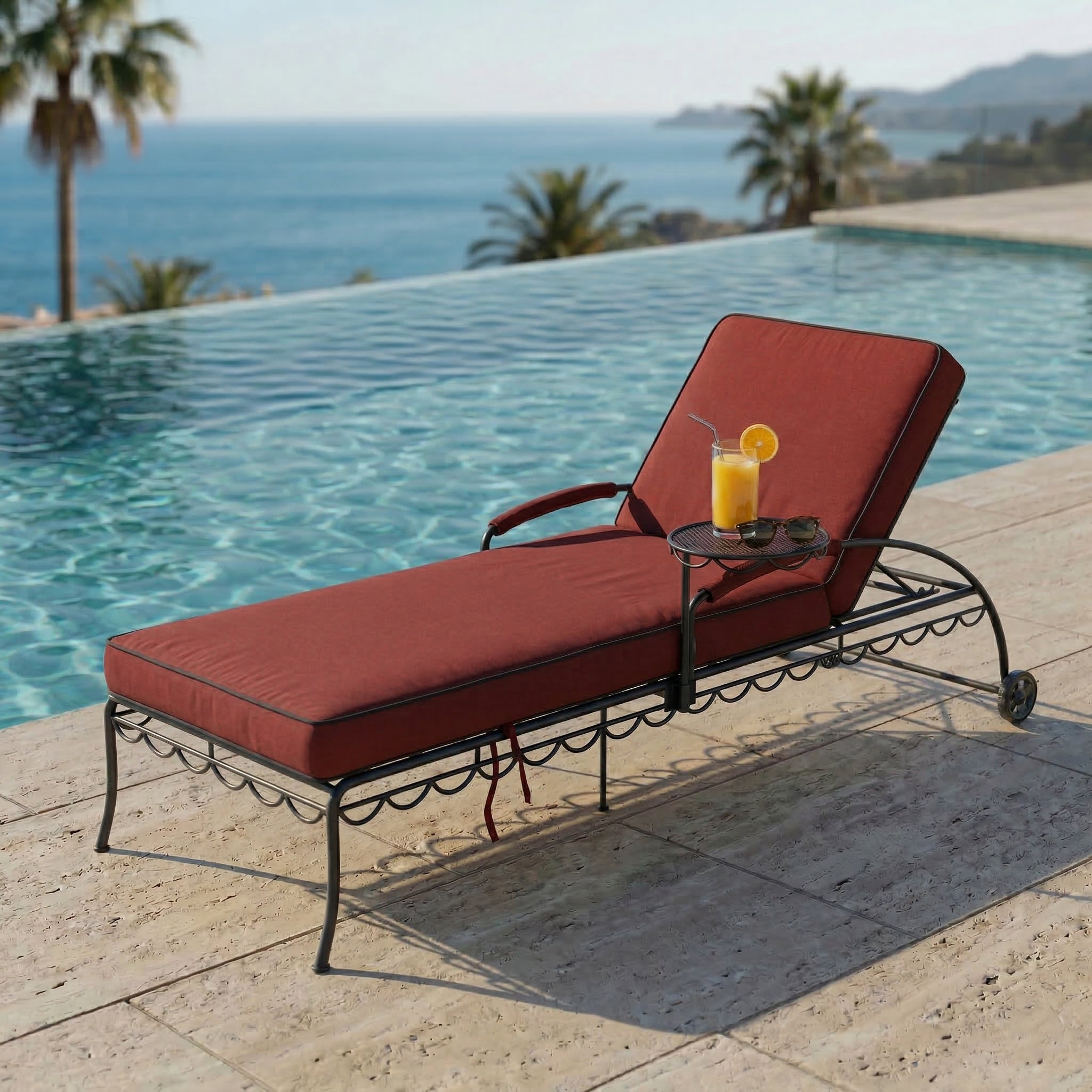 Shams Wrought Relax Sun Lounger Chaise With Side Table - RED