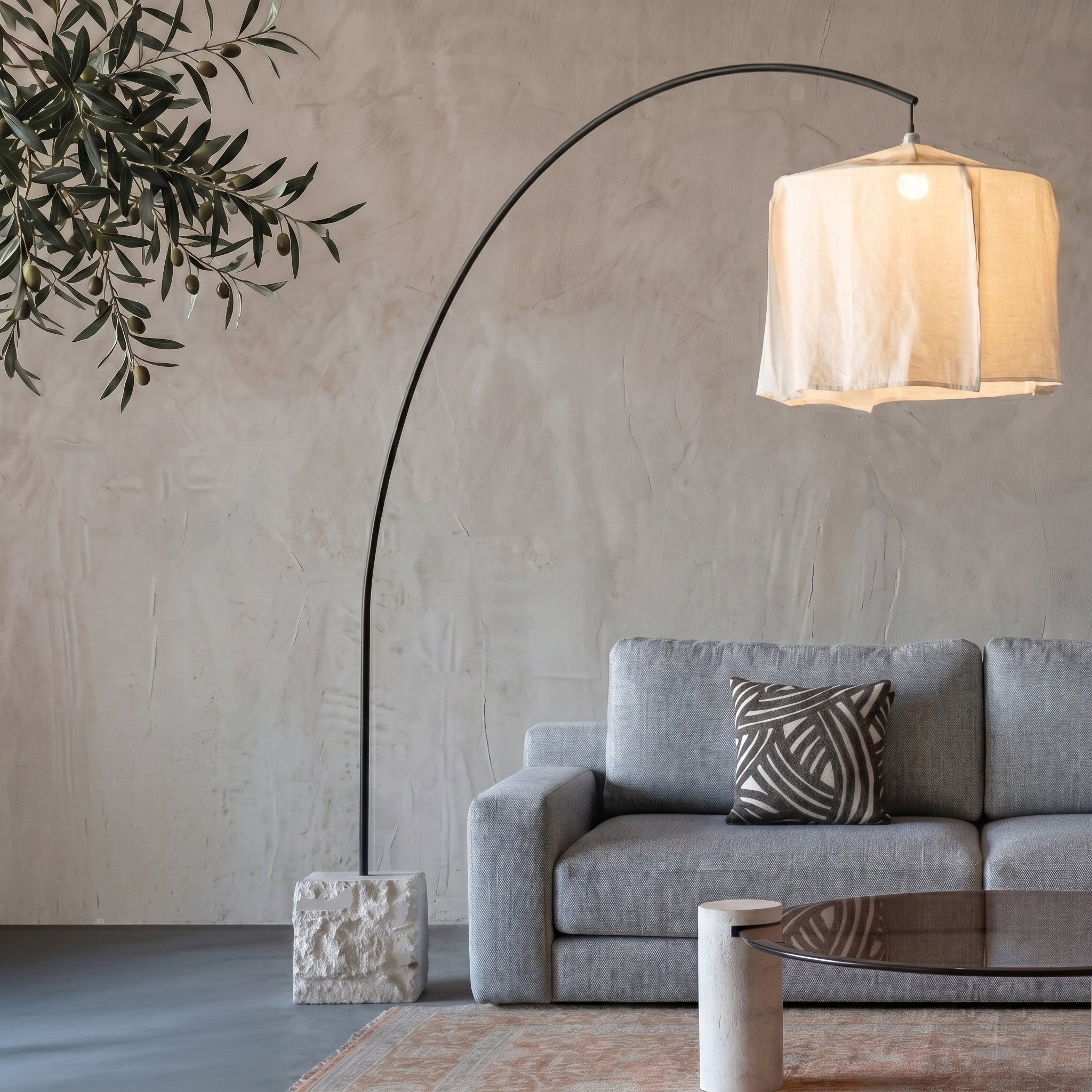 Arc Floor Lamp - Stone Base and Fabric Shade