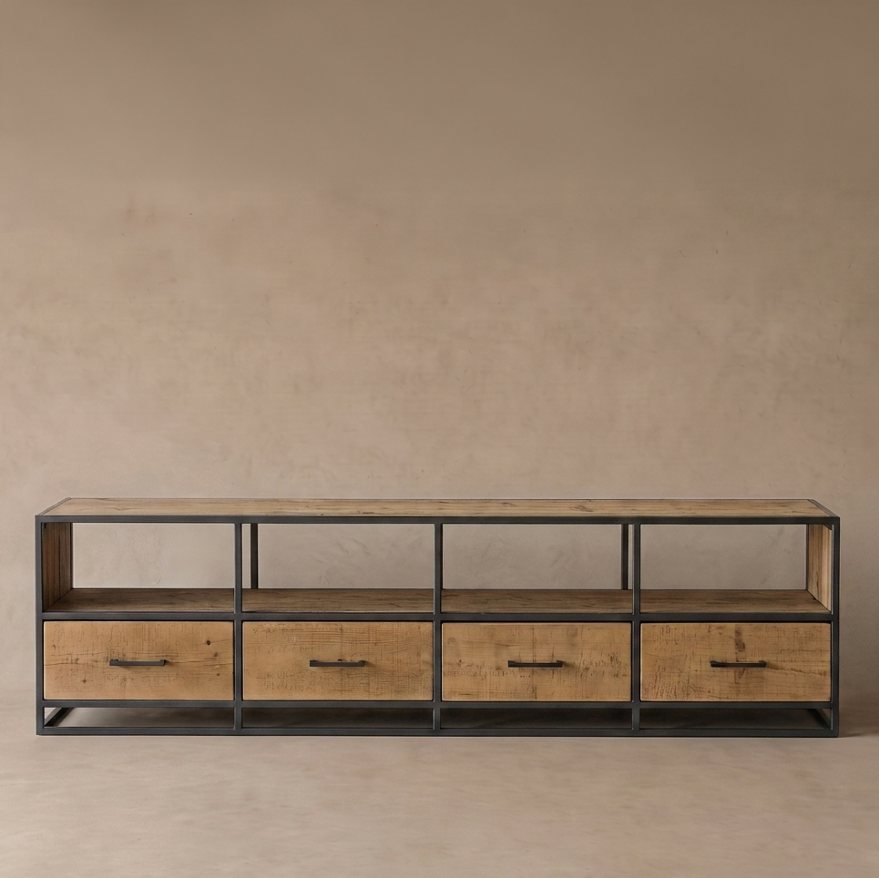 Nordic Industrial Solid Pine Wood TV Unit | Media Storage Cabinet