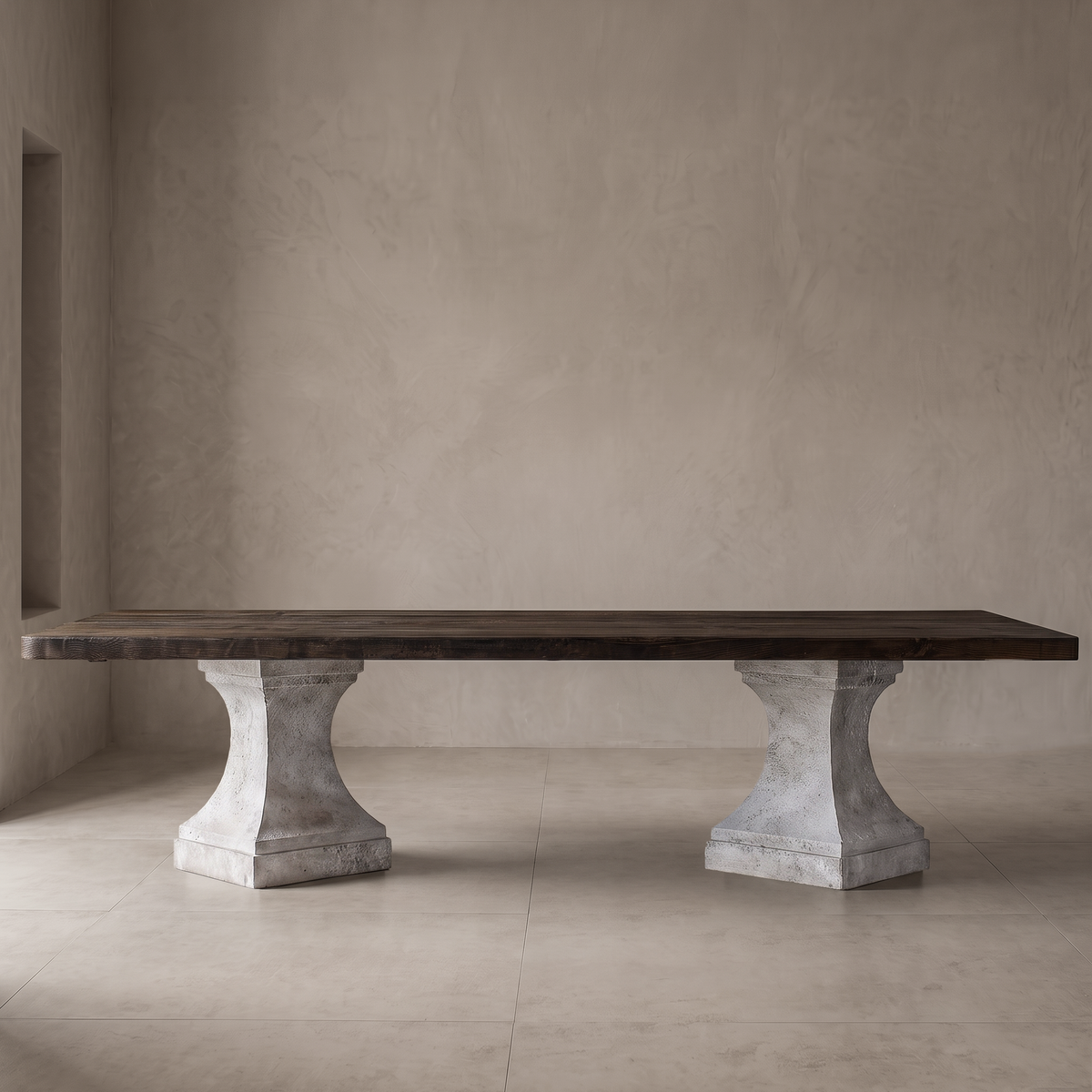 Agora Solid Oak & Carved Stone Long Dining Table