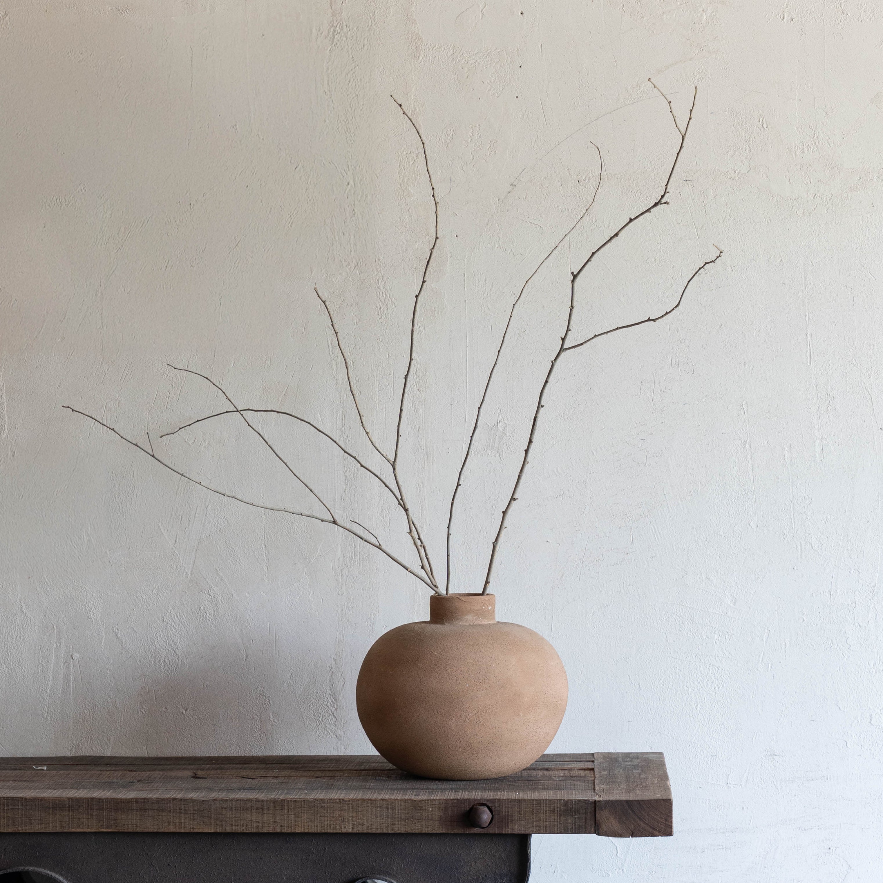 Terracotta vase with branches on a wooden surface against a plain wall