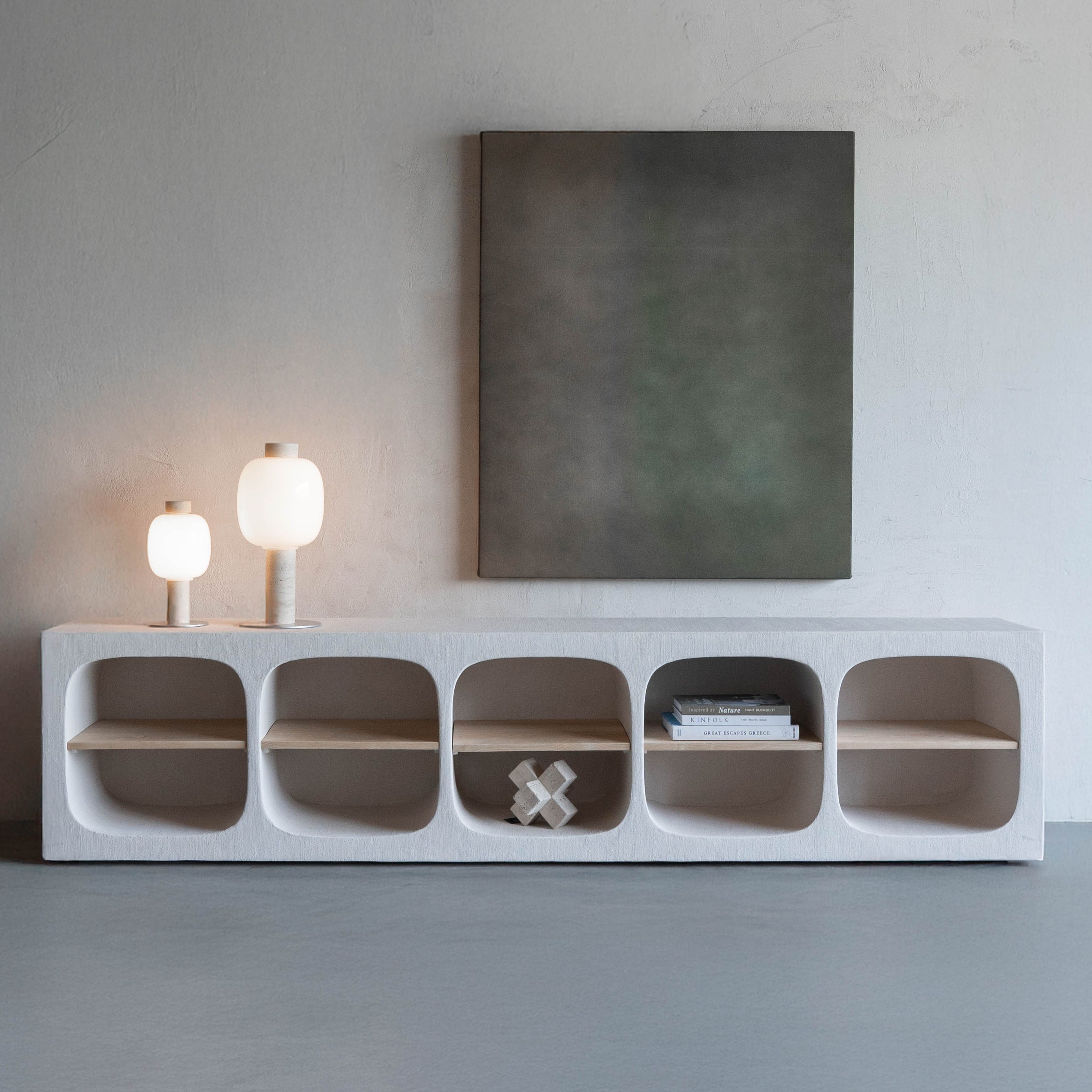 Alaska Curve Niche Wood Long White TV unit With Shelf