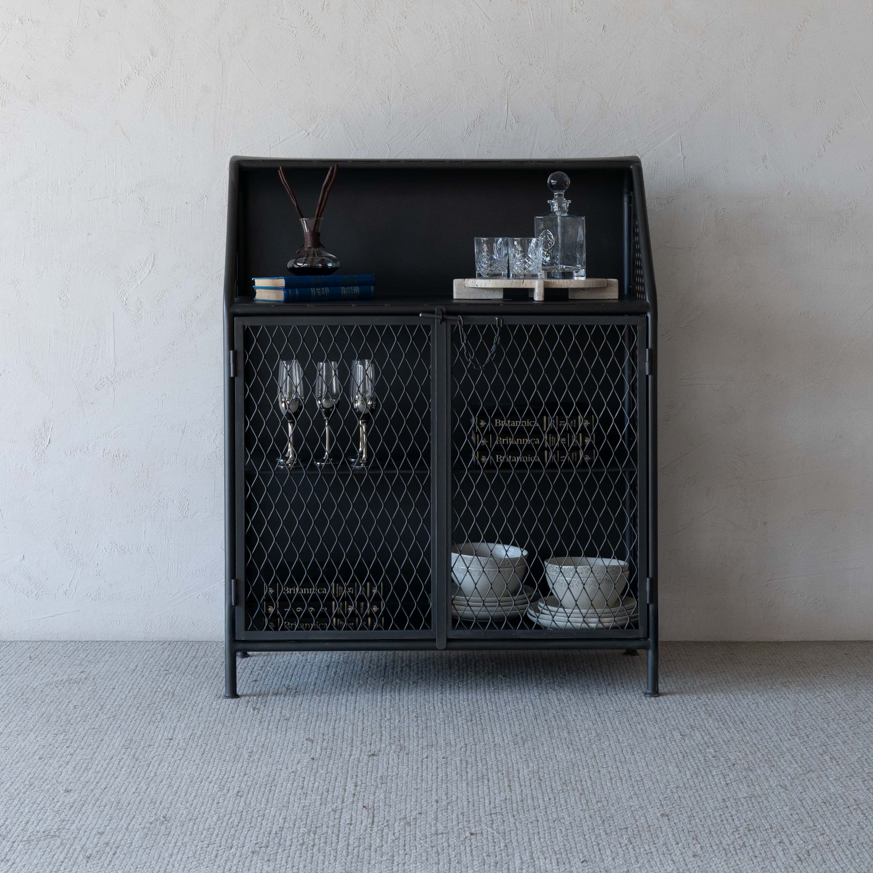 Arthur Grey Wash Industrial Bar Cabinet with Steel Mesh