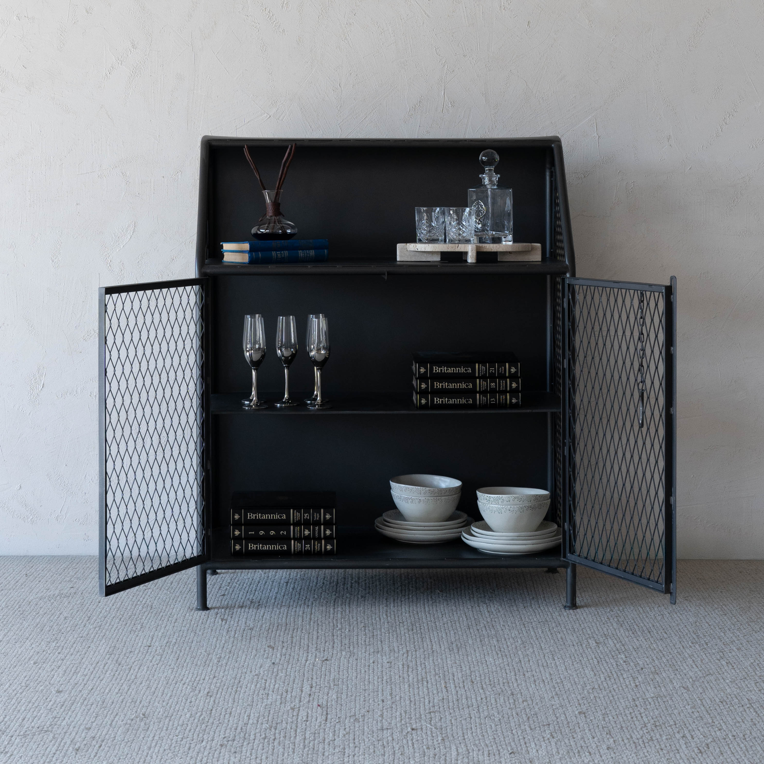 Arthur Grey Wash Industrial Bar Cabinet with Steel Mesh